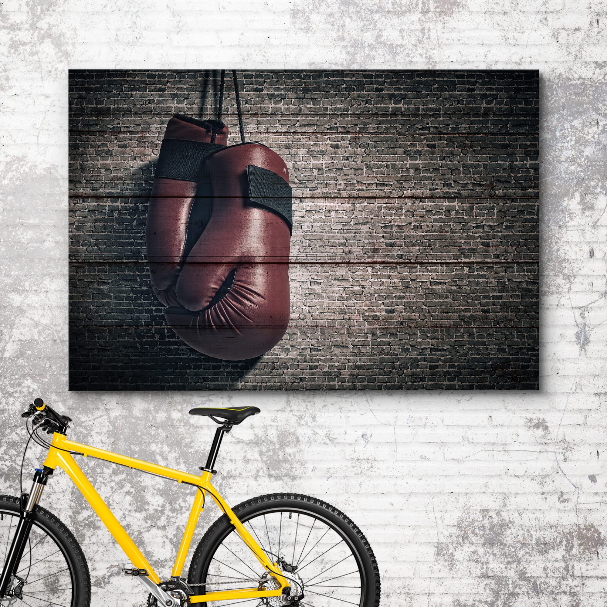 Wall26 Canvas Print Wall Art Wood Panel Effect Brick Wall Retro Vintage Red Boxing Gloves Sports Fitness Photography Realism Dec