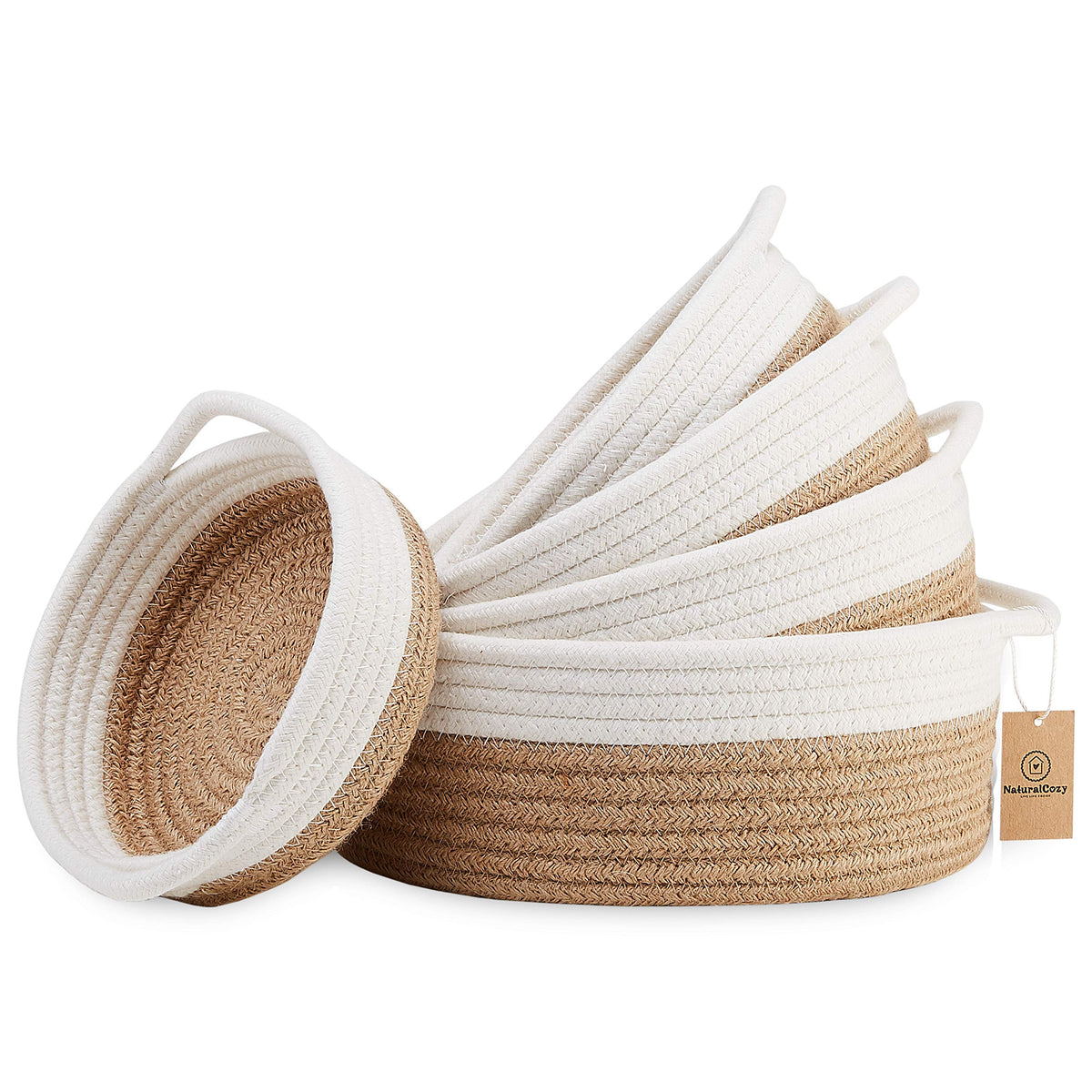Naturalcozy 5-Piece Round Small Woven Baskets Set- Cotton Rope Baskets For Organizing! Montessori Toys, Fruits Remotes Key Tray