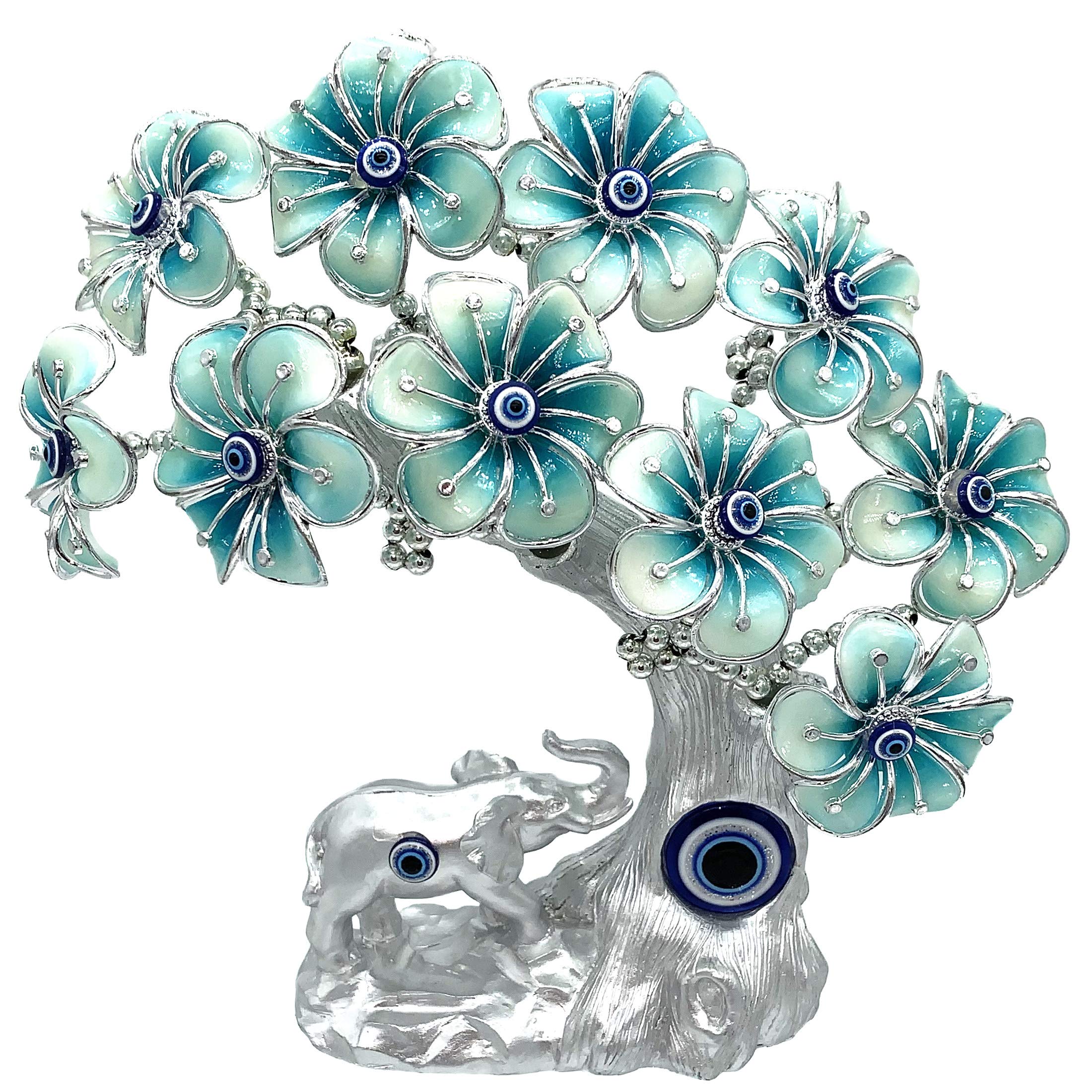 Betterdecor Blue Evil Eye Turkish Nazar Lucky Forutne Tree Bonsai with Elephant Home Office Decor Ornament (Silver-Blue)