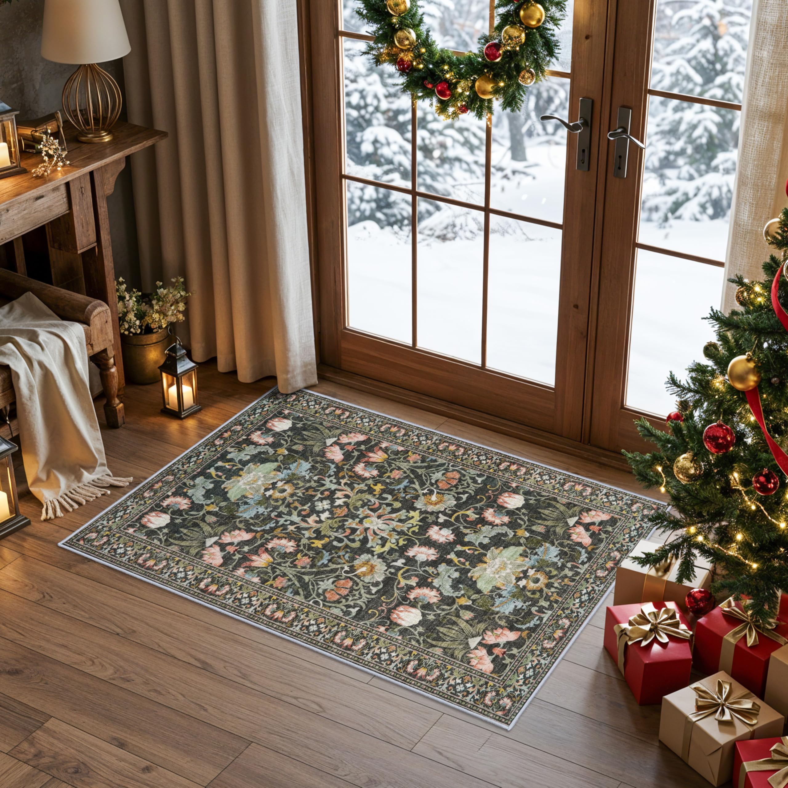 Washable 2x3 Entryway Area Rugs: Vintage Soft Floral Thin Doormat with Non Slip Backing Water Resistant Bathroom Laundry Rug for