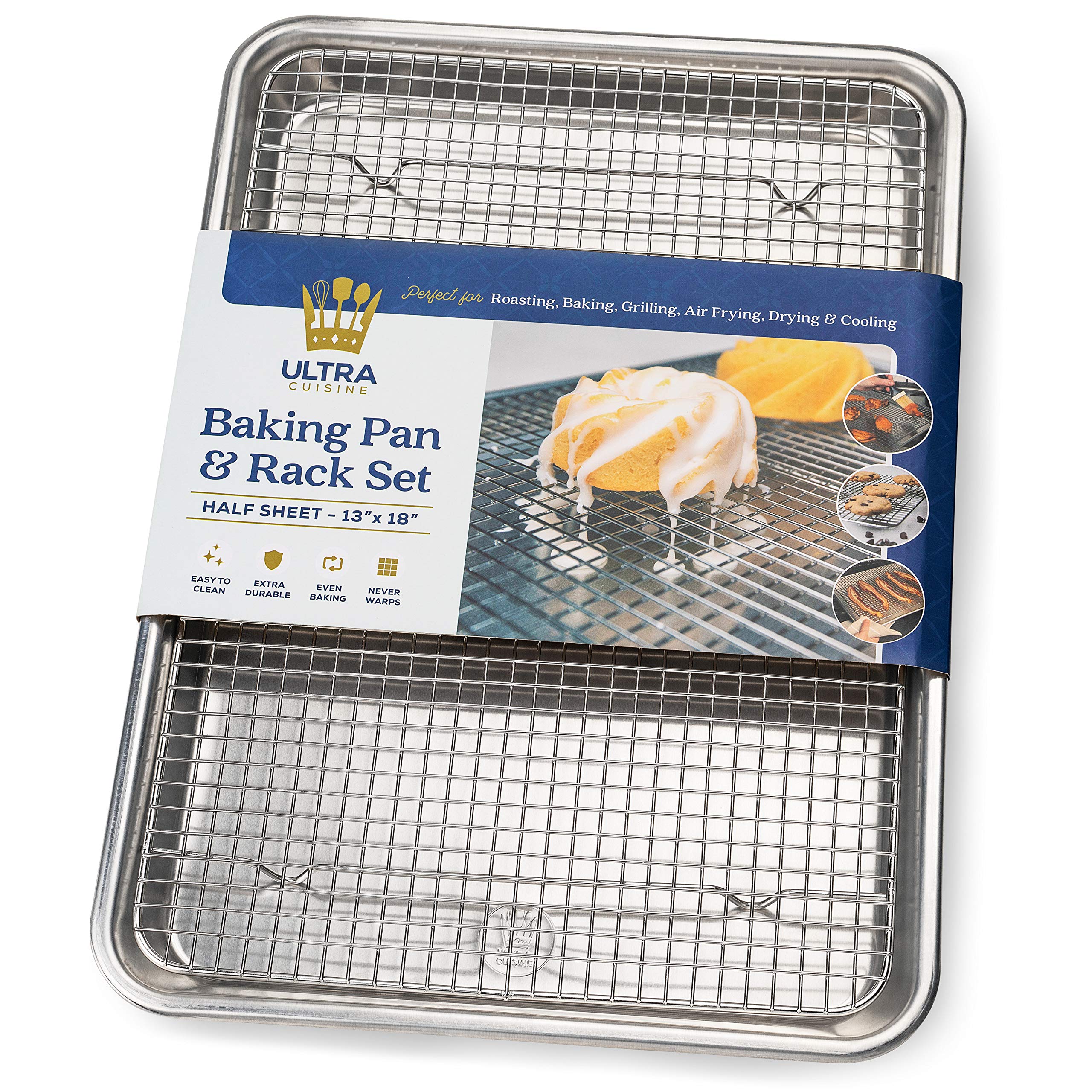 Ultra Cuisine Aluminum Baking Sheet With Stainless Steel Cooling Rack Set - Half Sheet Size Pan 13 X 18 Inch, Durable Rimmed Sid