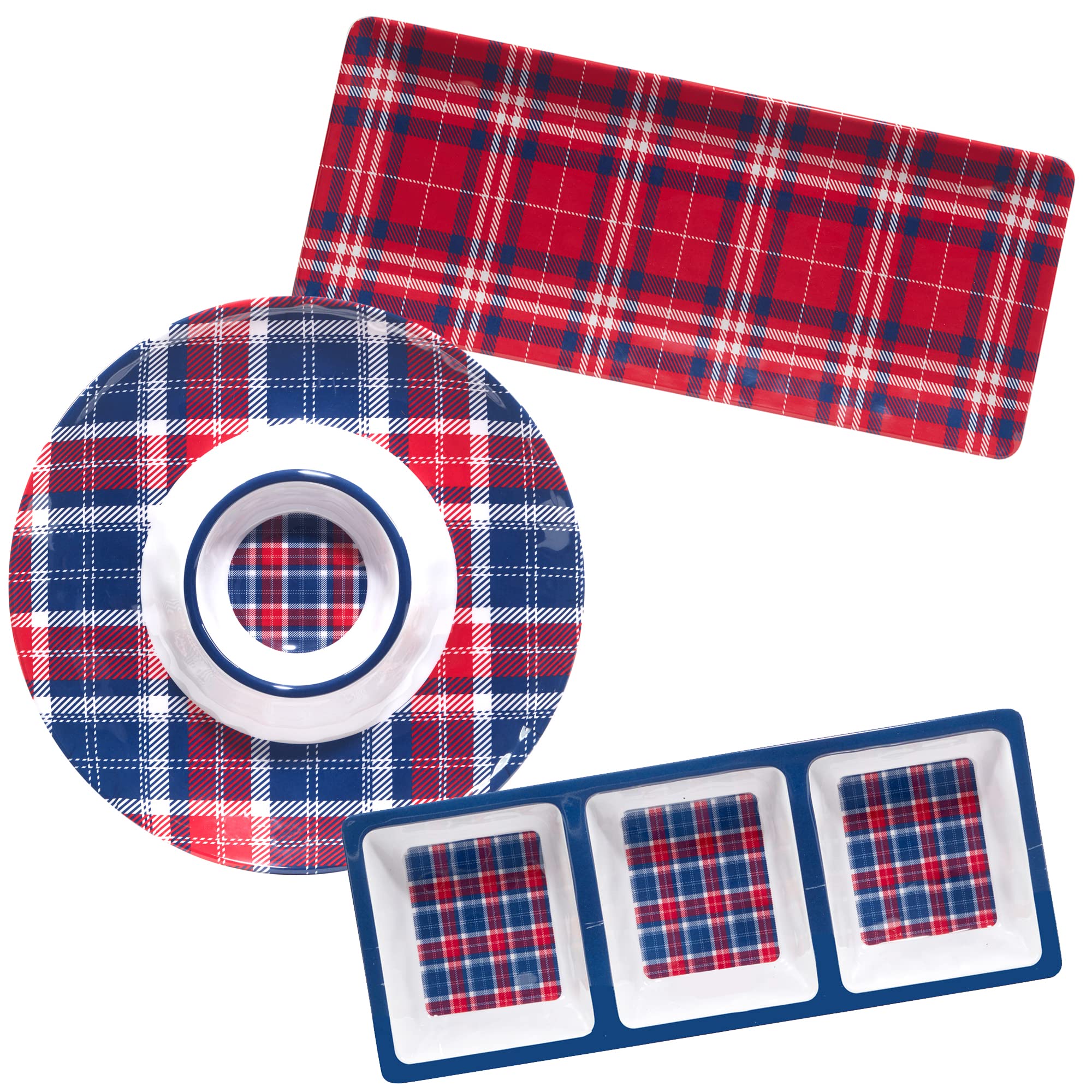 Certified International Patriotic Plaid Melamine 3 Piece Hostess Servware Set, Multicolor, Large