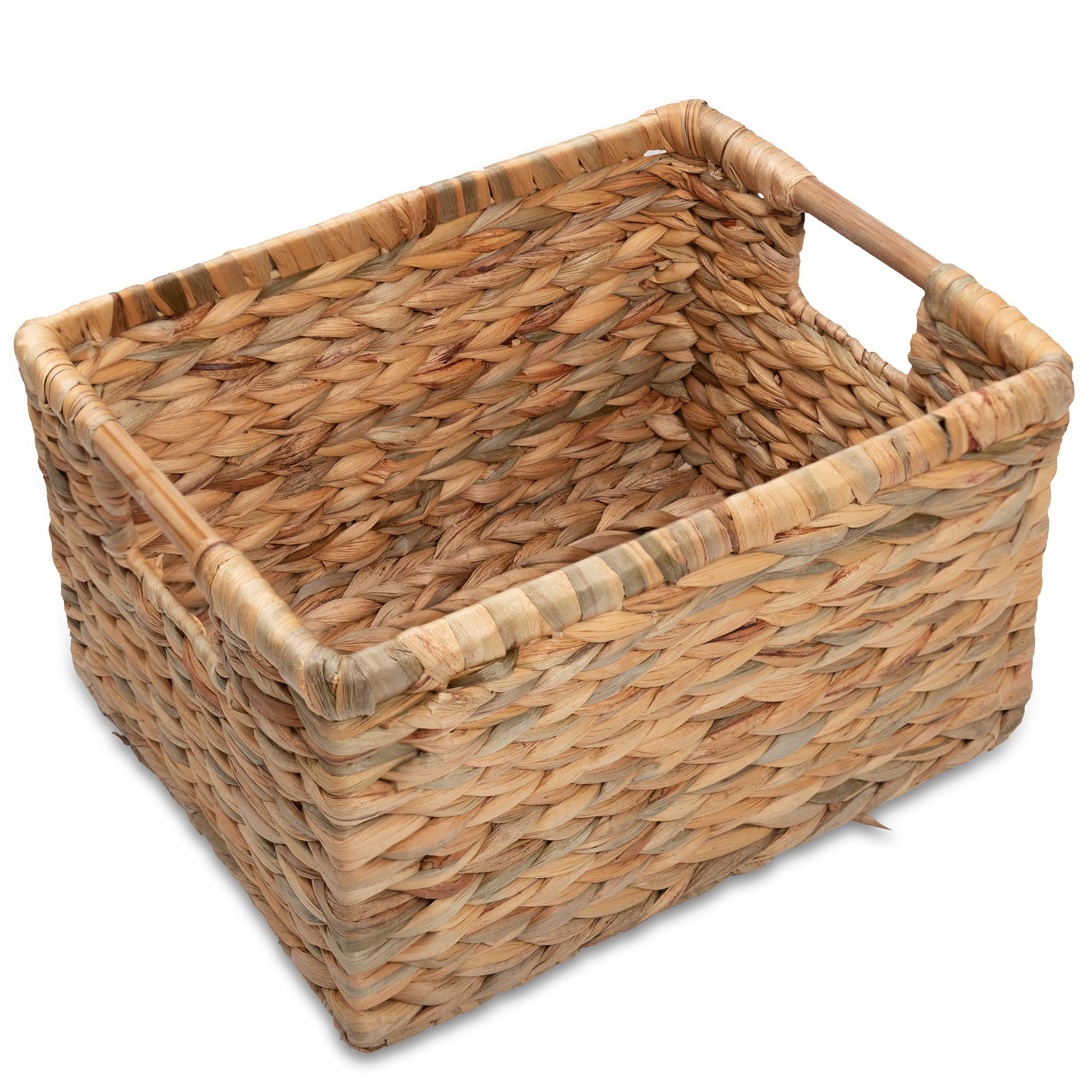 Vatima Large Rectangular Wicker Basket With Wooden Handles For Shelves And Storage - Natural Water Hyacinth Basket For Organizin