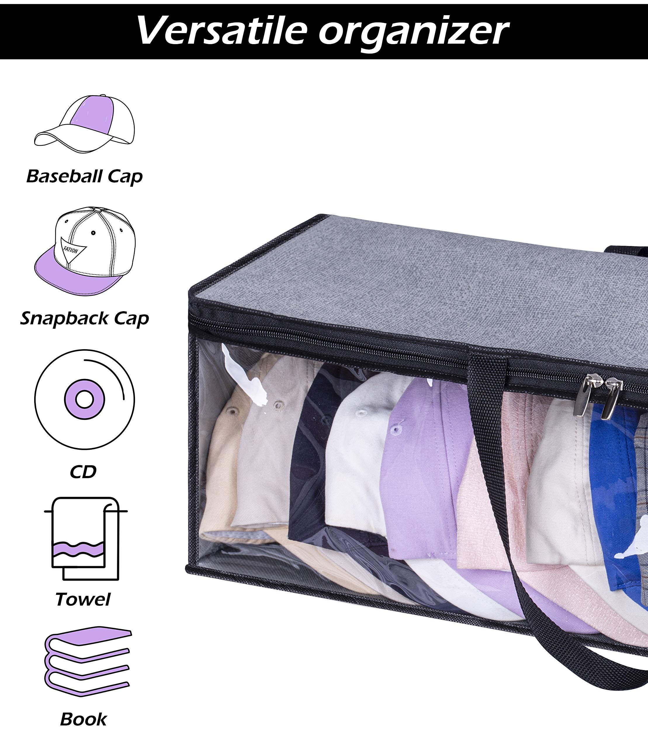 KIMBORA 2 PCS Wide Hat Storage for Baseball Caps Organizer with 2 Sturdy Handles Hat Racks Holder Grey Capbox Stackable for Home Travel