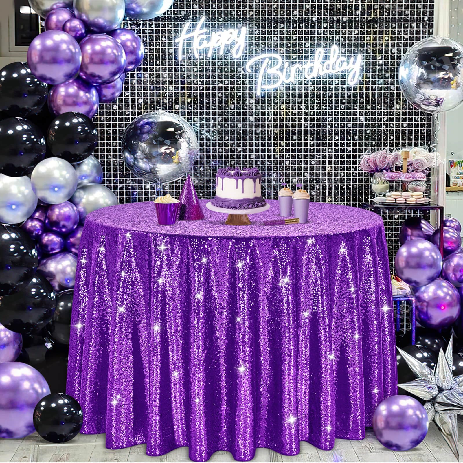 B-COOL Sequin Tablecloth Round Party Decorations: Purple Table Cloth Overlay 90 Inch Sparkle Fabric for Birthday Beach Parties H