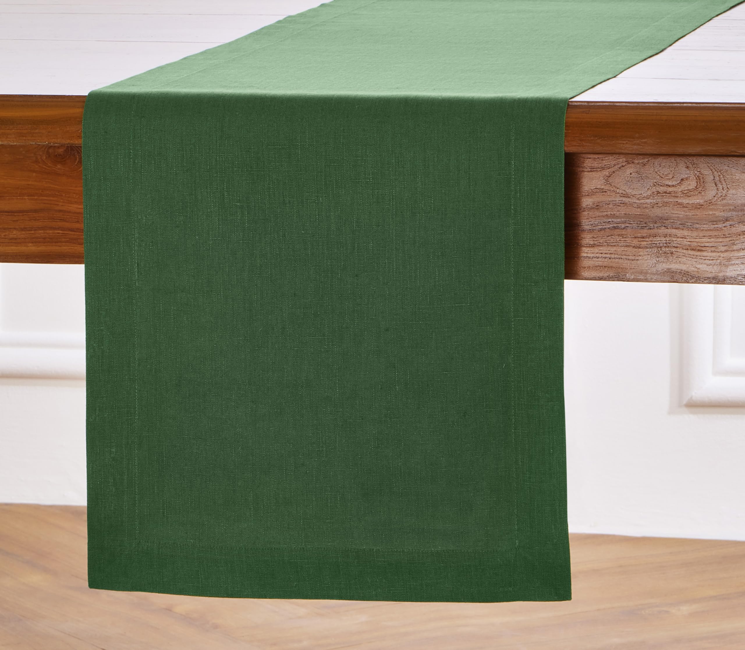 Solino Home Linen Table Runner 60 Inches - 100% Pure Linen Pine Green Table Runner 14 x 60 Inch Ideal for Dresser and Coffee Tab