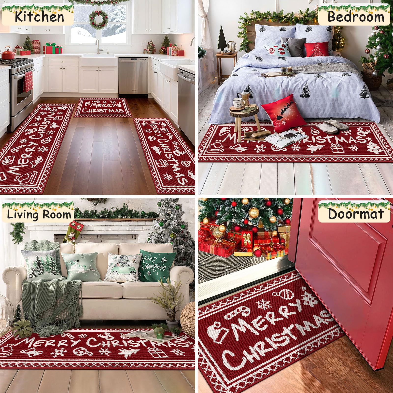 Ileading Christmas Kitchen Rugs Sets of 3 Piece Xmas Kitchen Floor Mat Non Skid Washable Runner Rug for Winter Holiday Decor Far