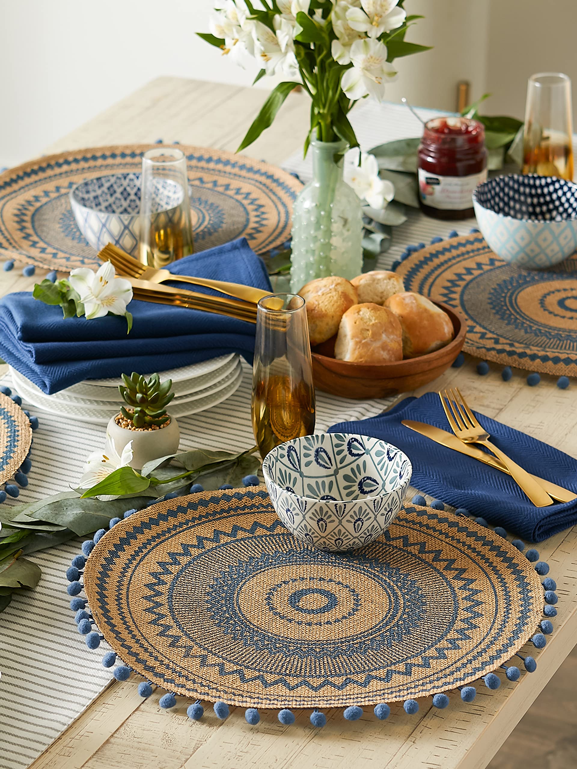 Dii Woven Tabletop Collection Natural Jute, Placemat Set, 15'' Round, French Blue Aztec Print, 6 Piece