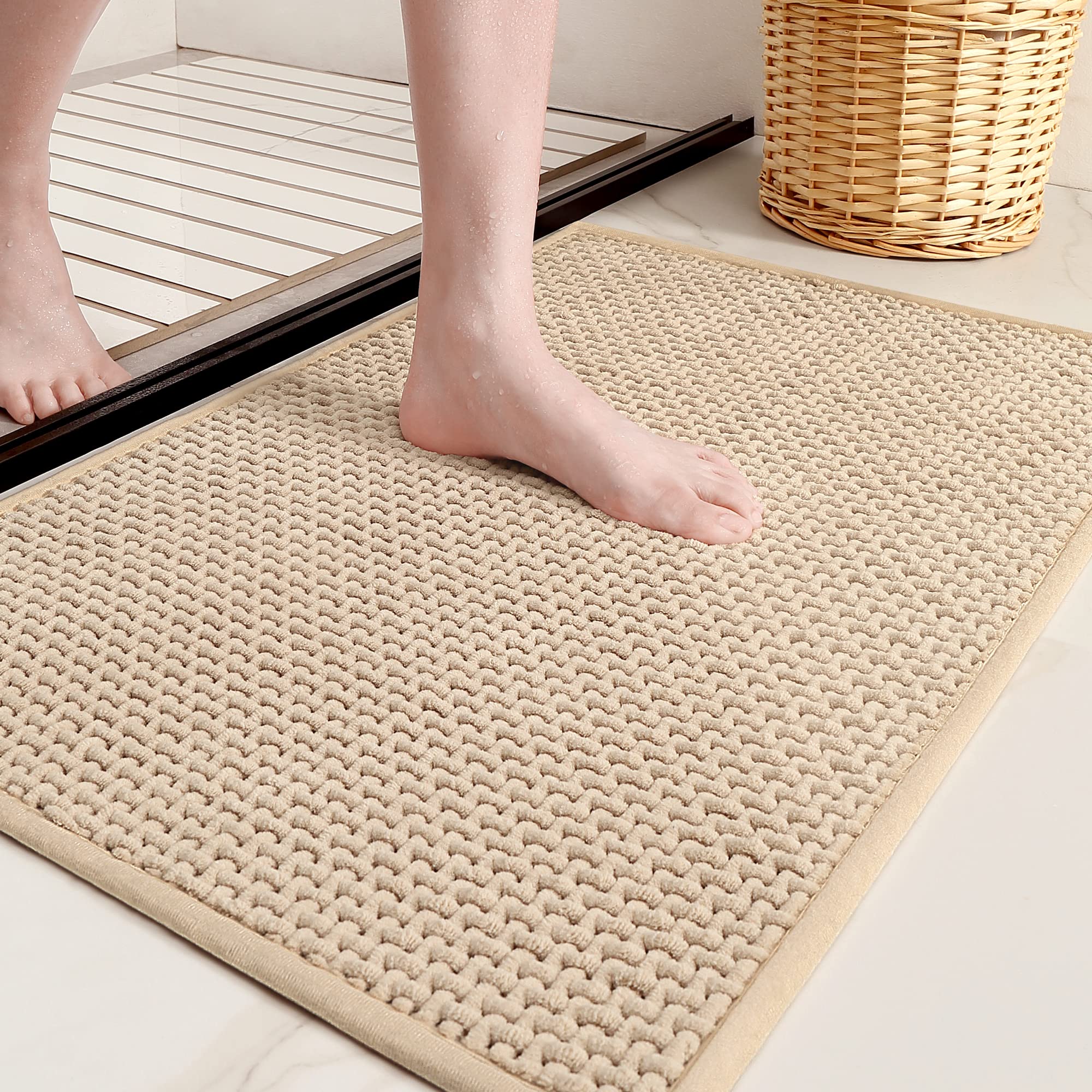 Color&Geometry Small Bathroom Rugs Upgraded Denser Chenille Pile, 16''X24'' Non Slip Absorbent Beige Bath Mats For Bathroom Thin