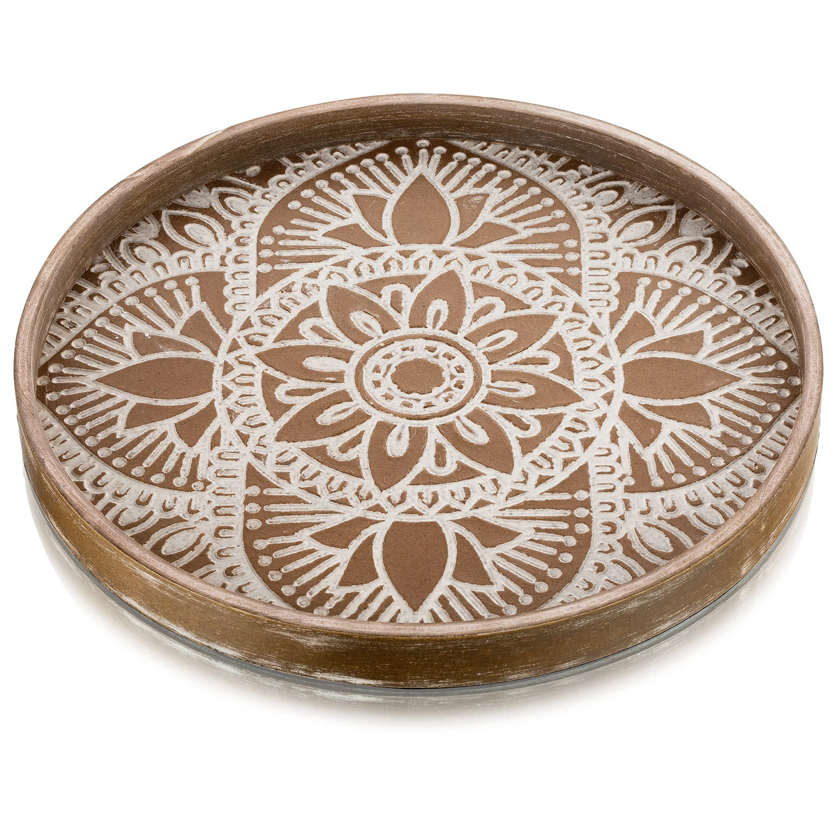 Hanobe Round Wood Decorative Tray: Boho Coffee Table Tray Farmhouse Rustic Brown Centerpiece Decor Wooden Serving Trays Circle T