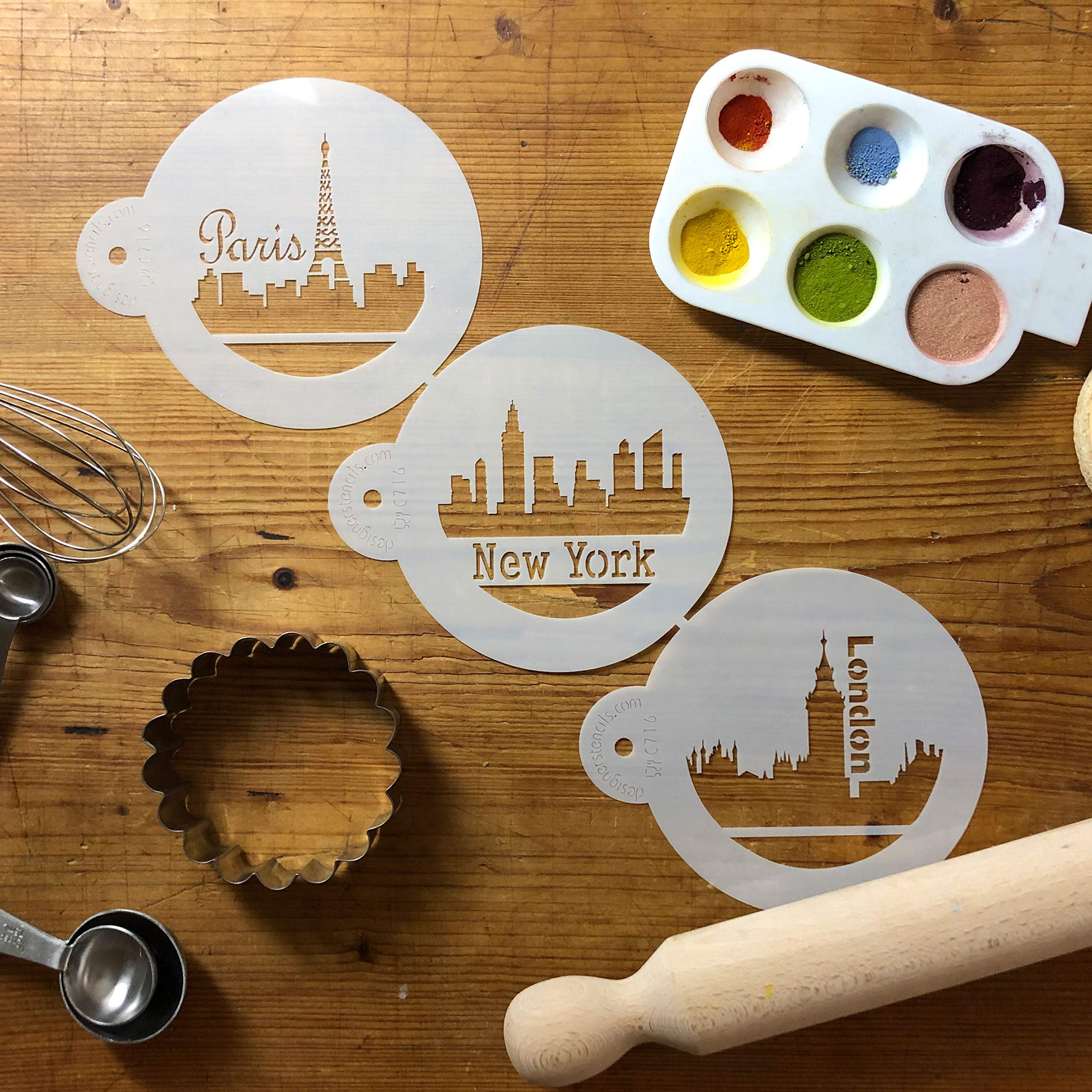 Designer Stencils Paris, London And New York Skylines Cookie Stencils, Beige/Semi-Transparent