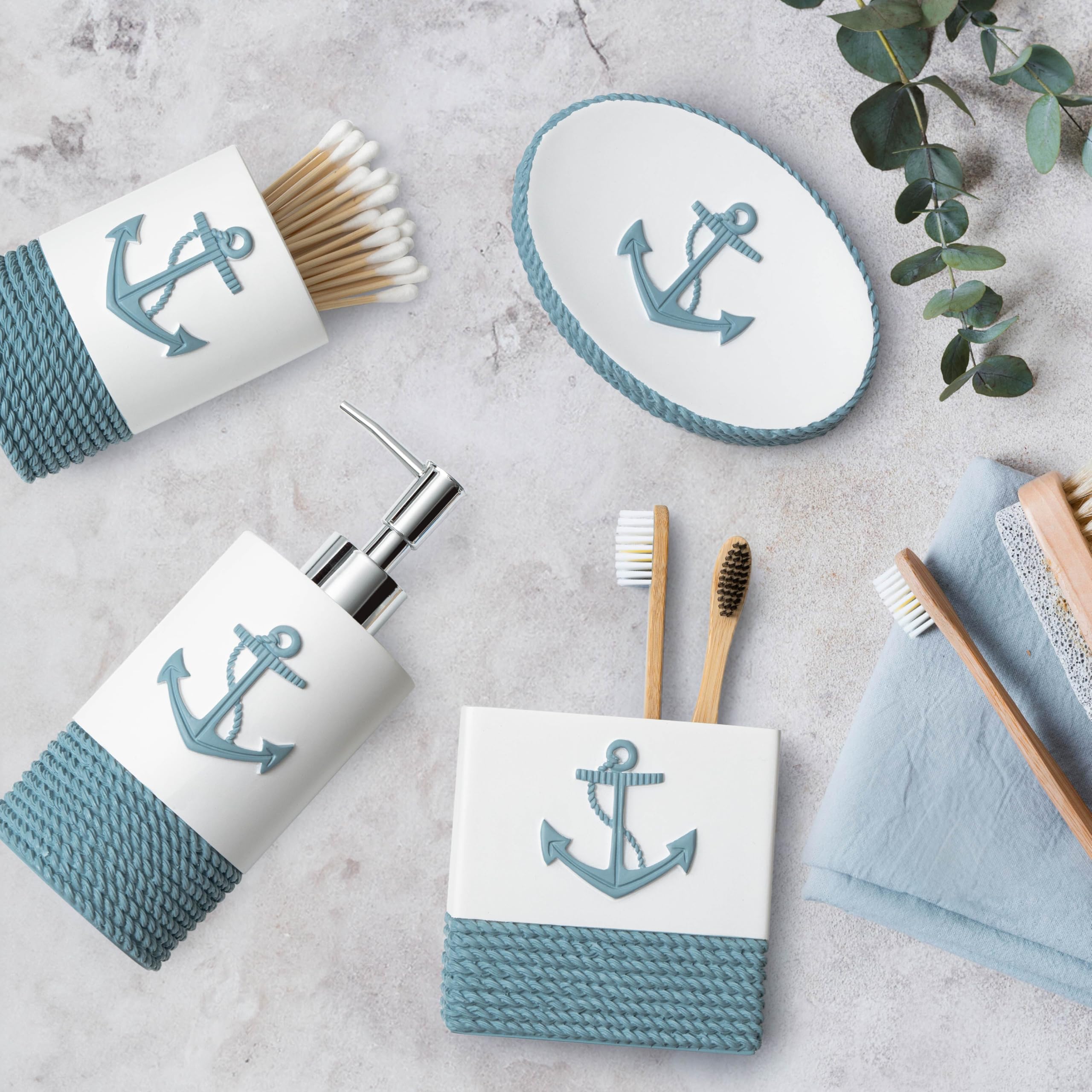 Tide and Tales Nautical Bathroom Accessories Set - 4 PC Coastal Decor, White/Teal Resin Soap Dispenser, Rope & Anchor Design