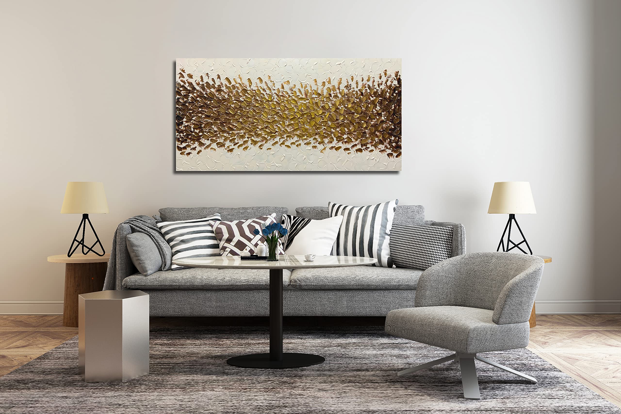 Azavy Art,24X48 Inch Hand-Painted Gold Cream White Oil Painting Textured Abstract Horizontal Wall Art Contemporary Artwork Wrapp