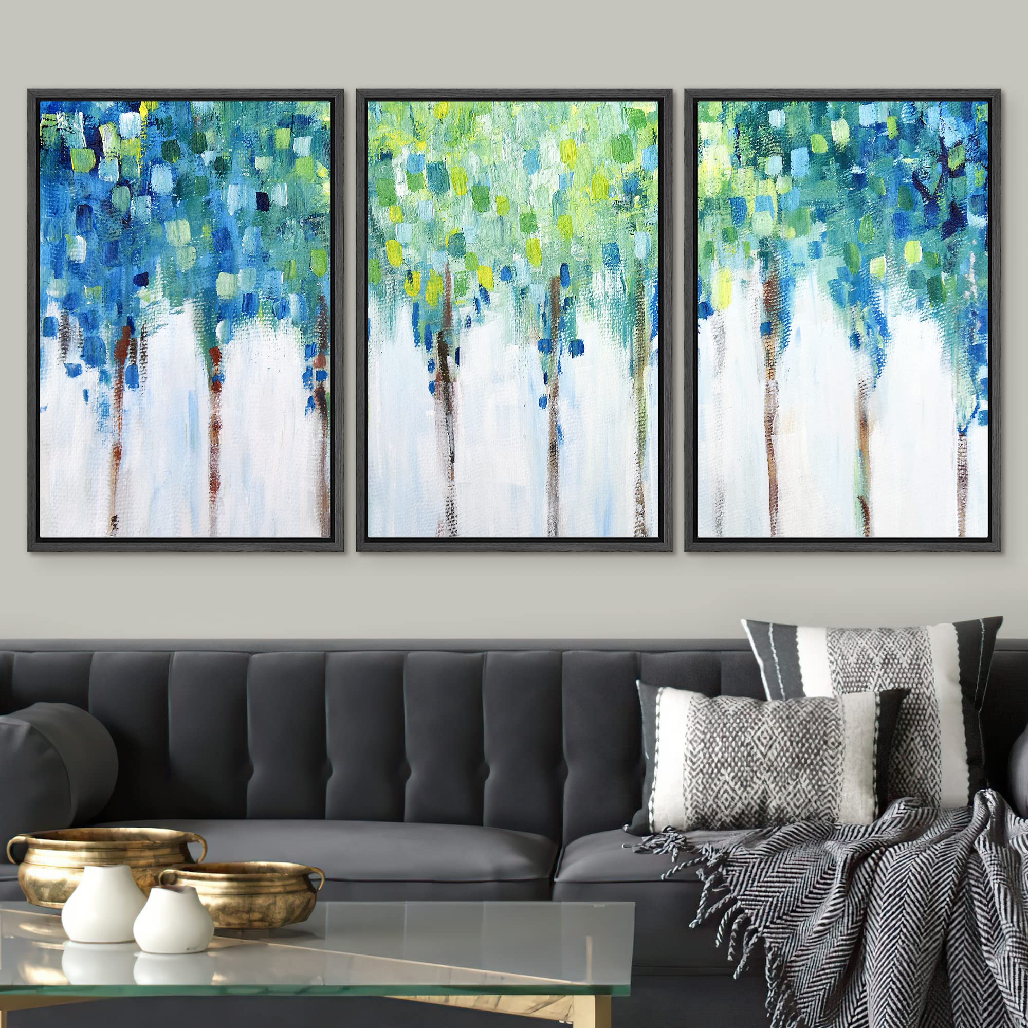 Signwin Framed Canvas Print Wall Art Set Blue Floral Pastel Fence Wilderness Plants Illustrations Modern Art Farmhouse/Country L