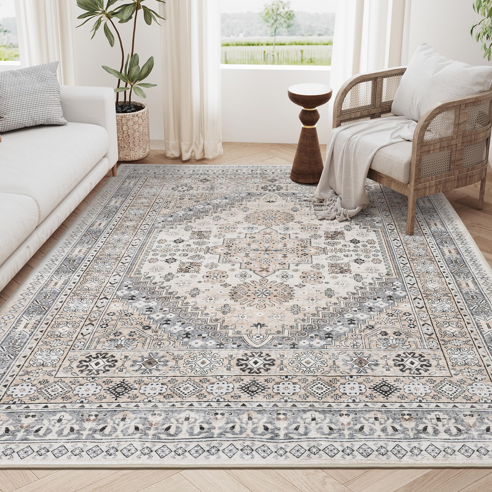 zesthome 5x7 Area Rugs - Ultra-Thin Washble Rug, Stain Resistant Anti Slip Backing Rugs for Living Room,Bedroom, Vintage Home De