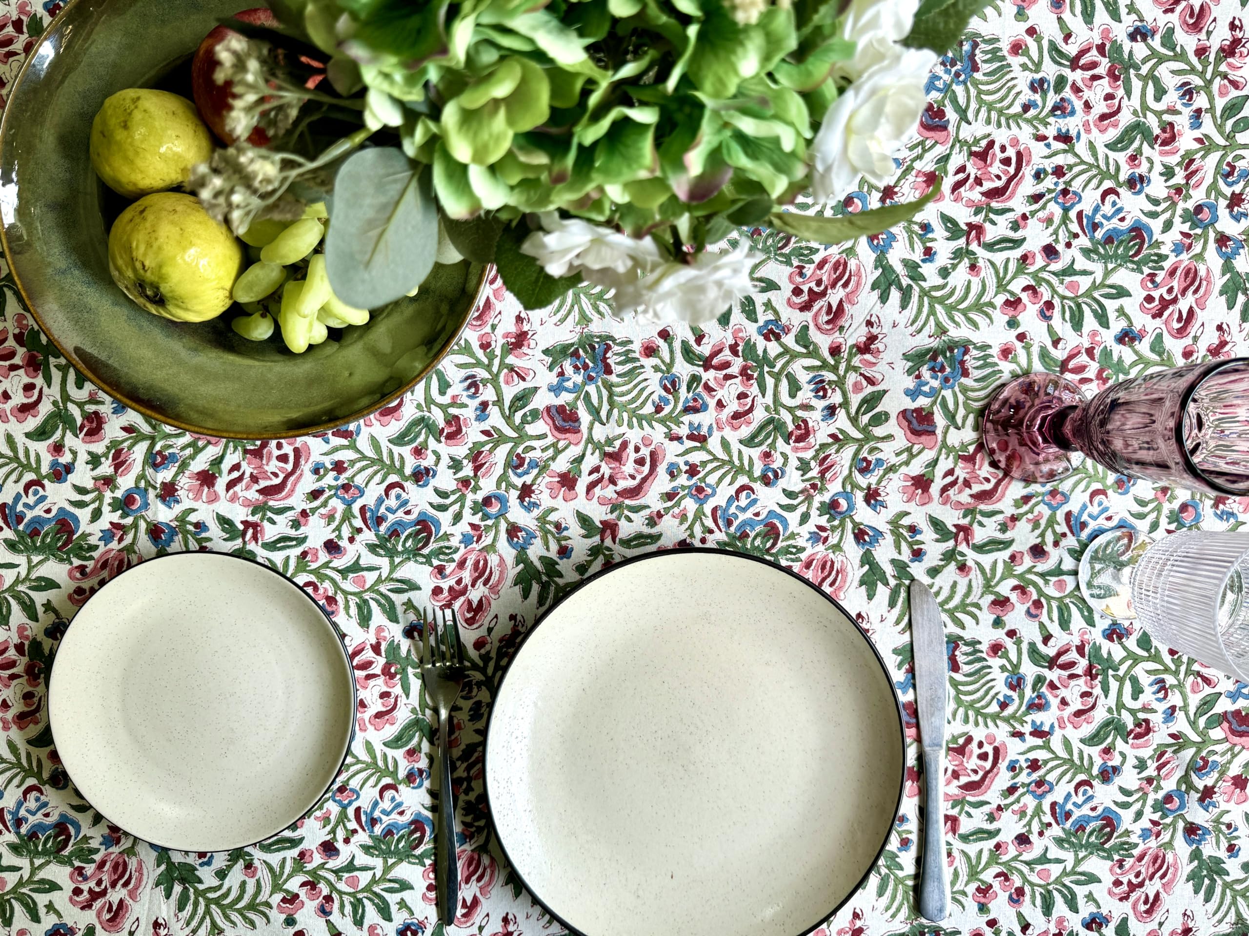 Atosii Ambrosia 100% Cotton Rectangle Summer Tablecloth, Block Print Floral Table Cloth Linen For Kitchen Dining Parties Wedding