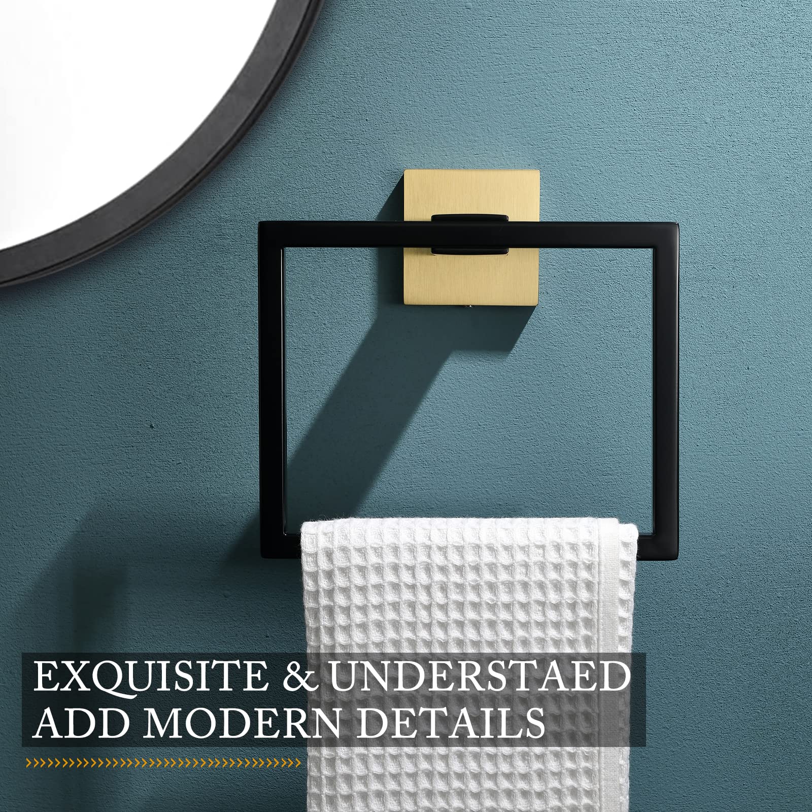 Tqkag Black And Gold Towel Ring Bathroom Hand Towel Holder Stainless Steel Square Towel Bar Hangers Wall Mounted