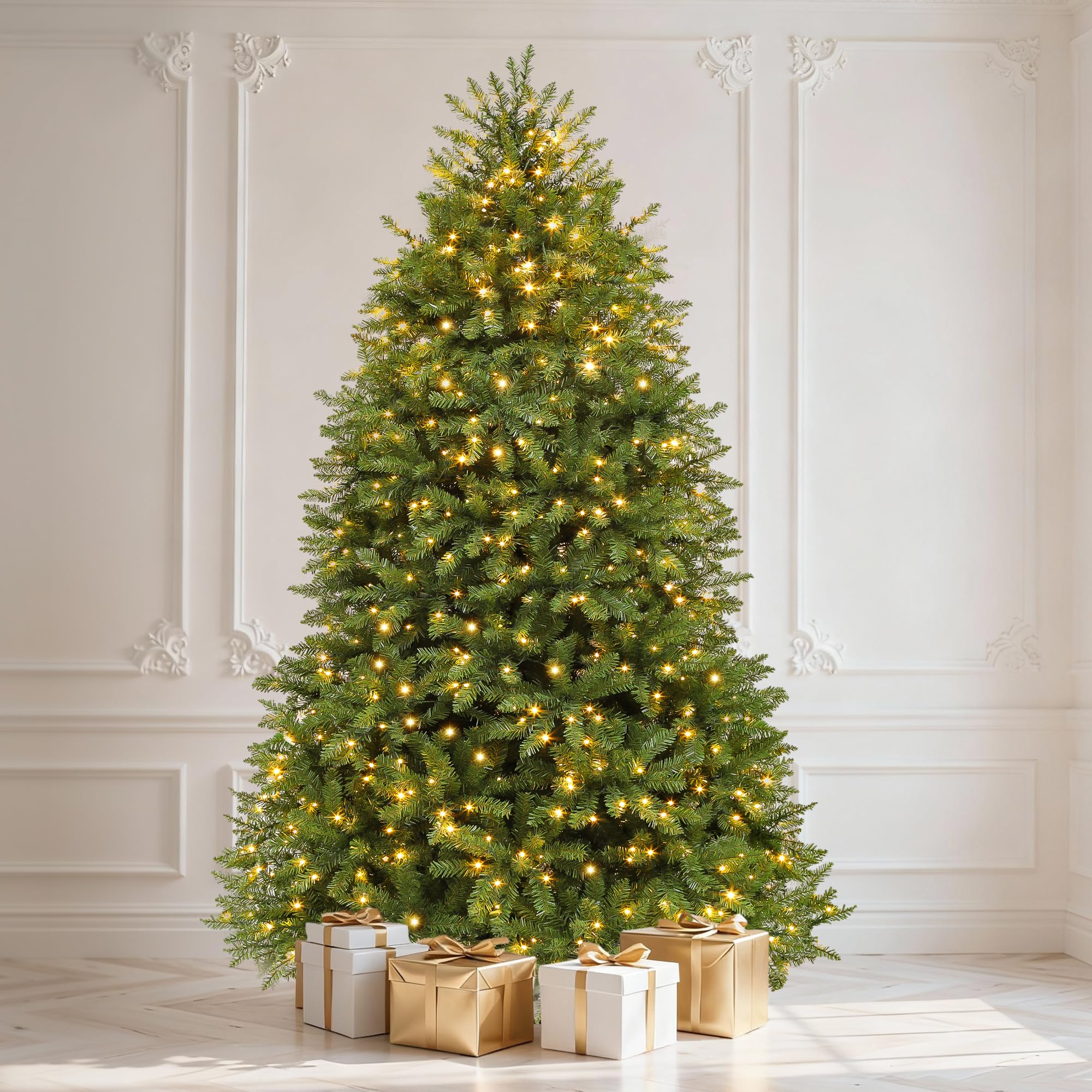 DWVO 7.5ft Pre-Lit Christmas Tree, Bell-Shaped Artificial Pine Christmas treewith 11 Light Modes, Stand Included, Fit for Holida