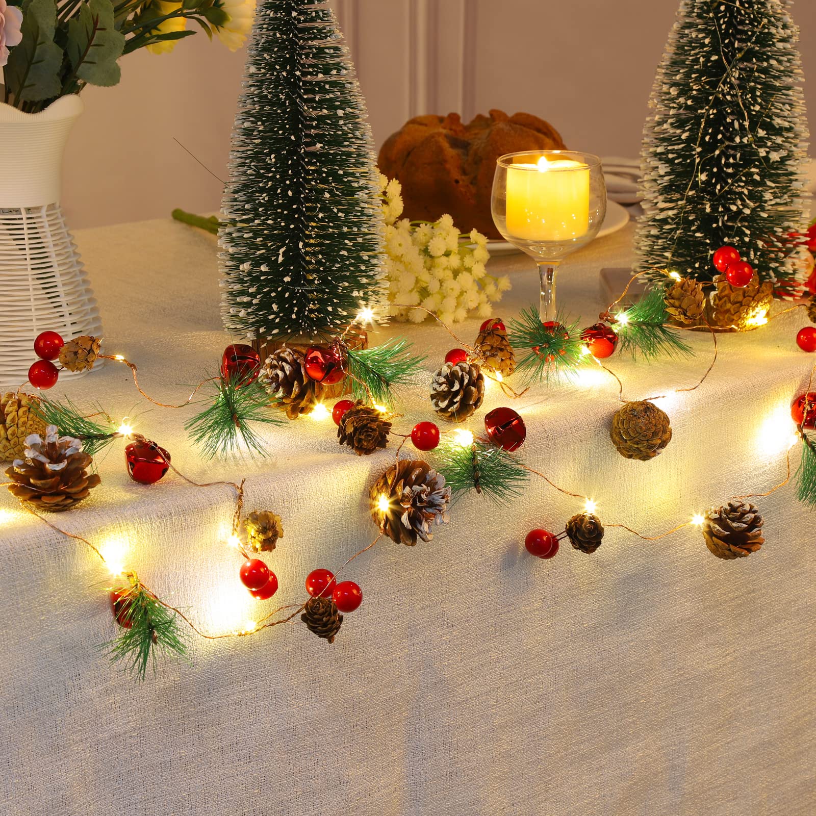 KITCADA Christmas Garland with String Lights 10 Ft 30 LED Pine Cone Red Berry Bells Garland Lights, Indoor Christmas Decorations