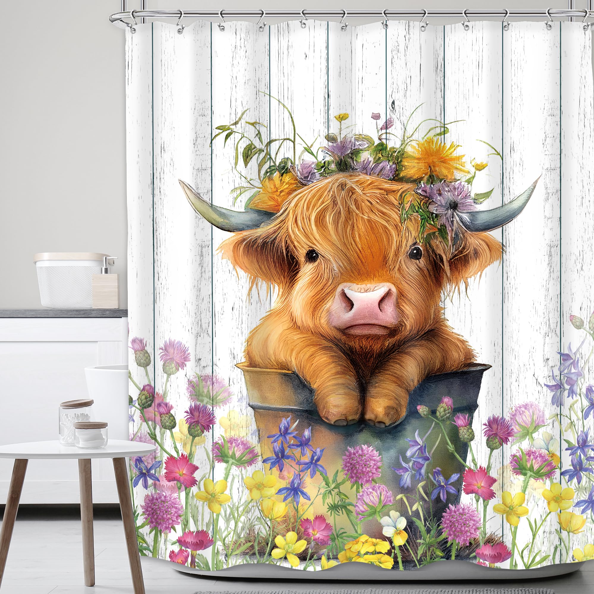 Mitpok Farmhouse Highland Cow Shower Curtain 60Wx72H Western Spring Rustic Funny Calf Country Bull Animal Wood Floral Flower Pla