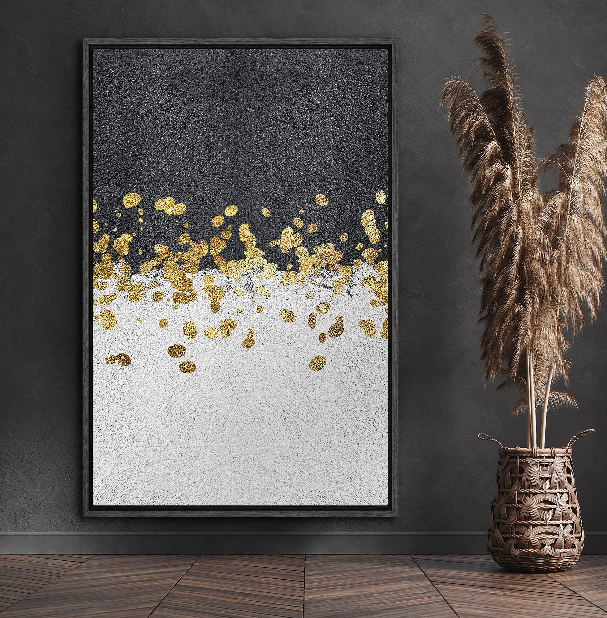 Signford Framed Canvas Print Wall Art Dual Black & White Color Fields & Gold Dots Geometric Shapes Illustrations Modern Art Cont