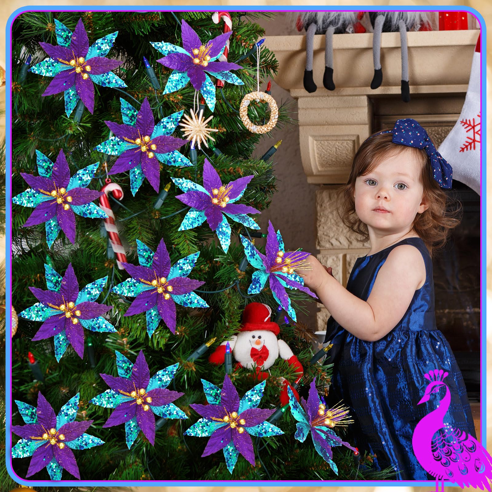 Bucherry 12 Pcs Peacock Christmas Ornaments, 6 Inch Silk Poinsettia Flowers Artificial with Clips, Glitter Purple and Blue Chris