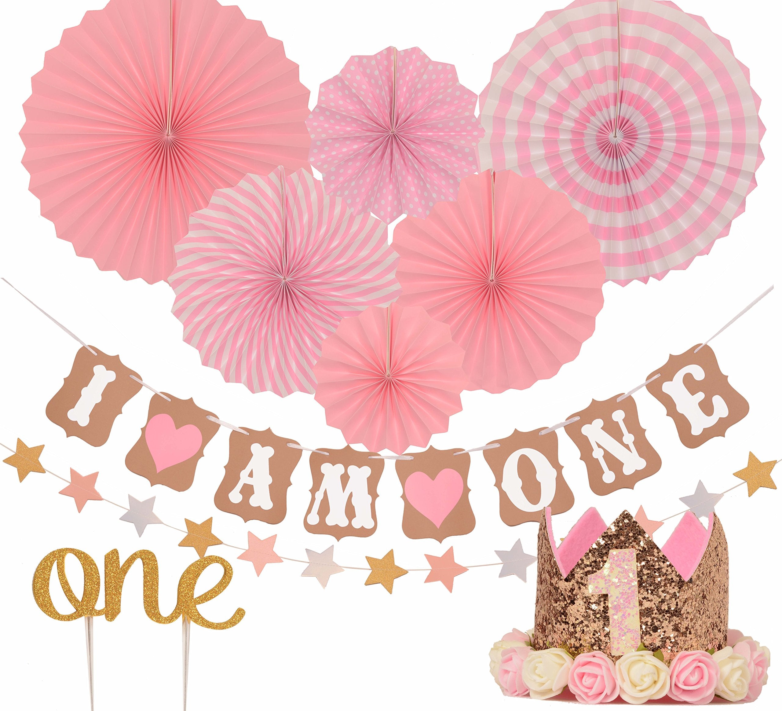 First Birthday Decoration Set For Girl- 1St Baby Girl Birthday Party, Stars Paper Garland, Gold Cake Topper ''One'', Pink Banner