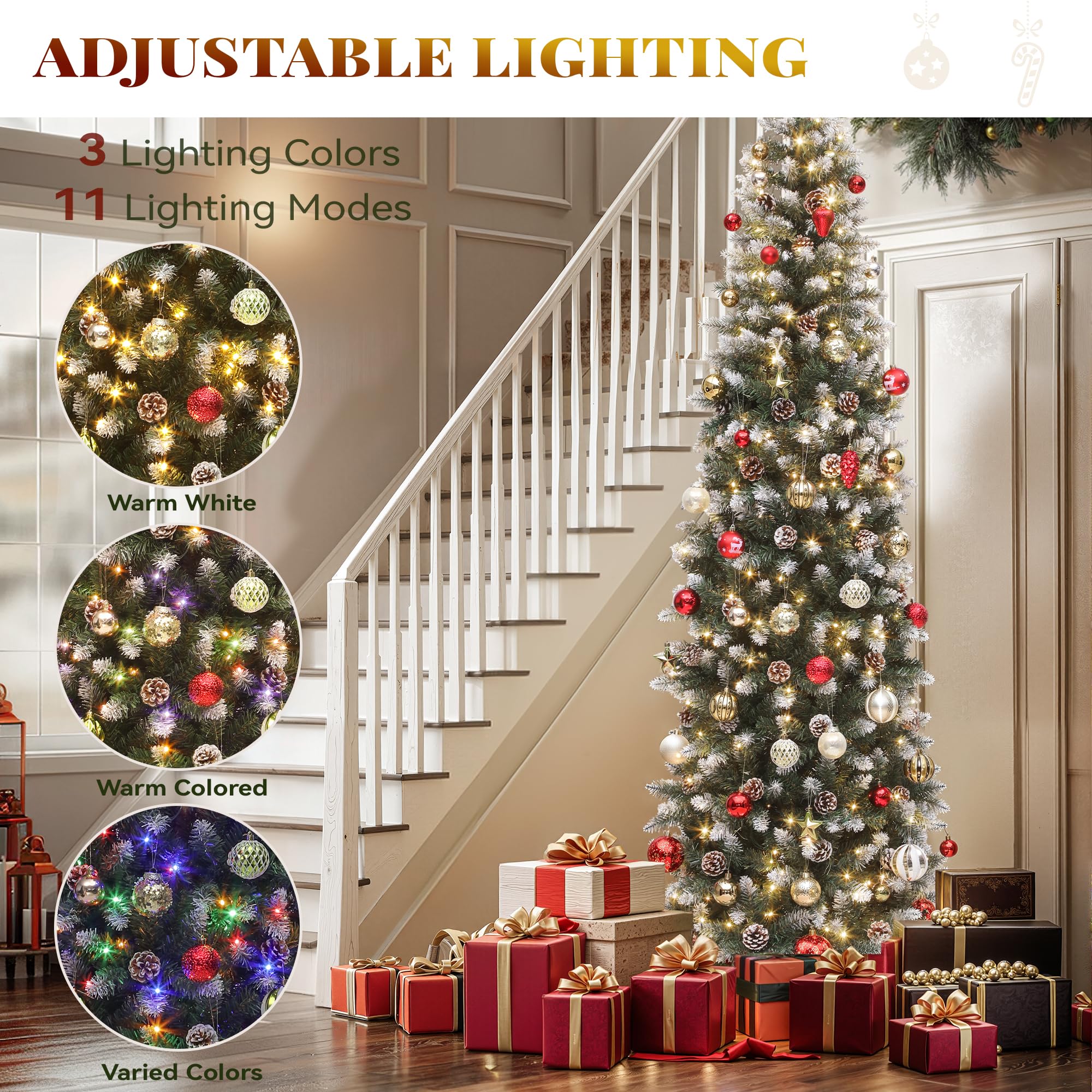YITAHOME 7.5FT Pre-Decorated Pencil Christmas Tree w/Remote, Partially Flocked & Frosted Slim Prelit Hinged Xmas Tree w/ 1075 Ti