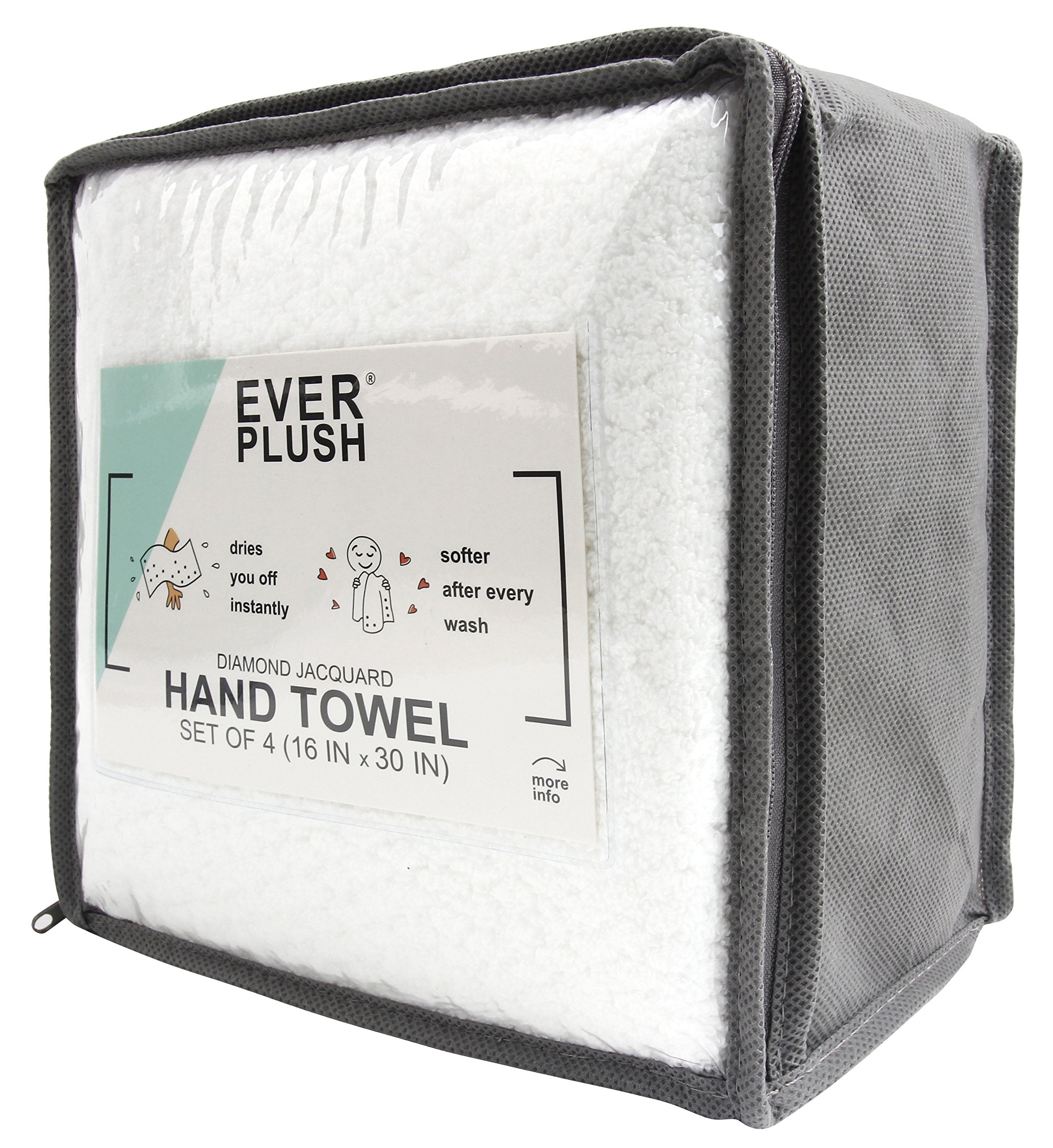 Everplush Diamond Jacquard Hand Towel Set  4 x (16 x 30 in)  White  4 Count