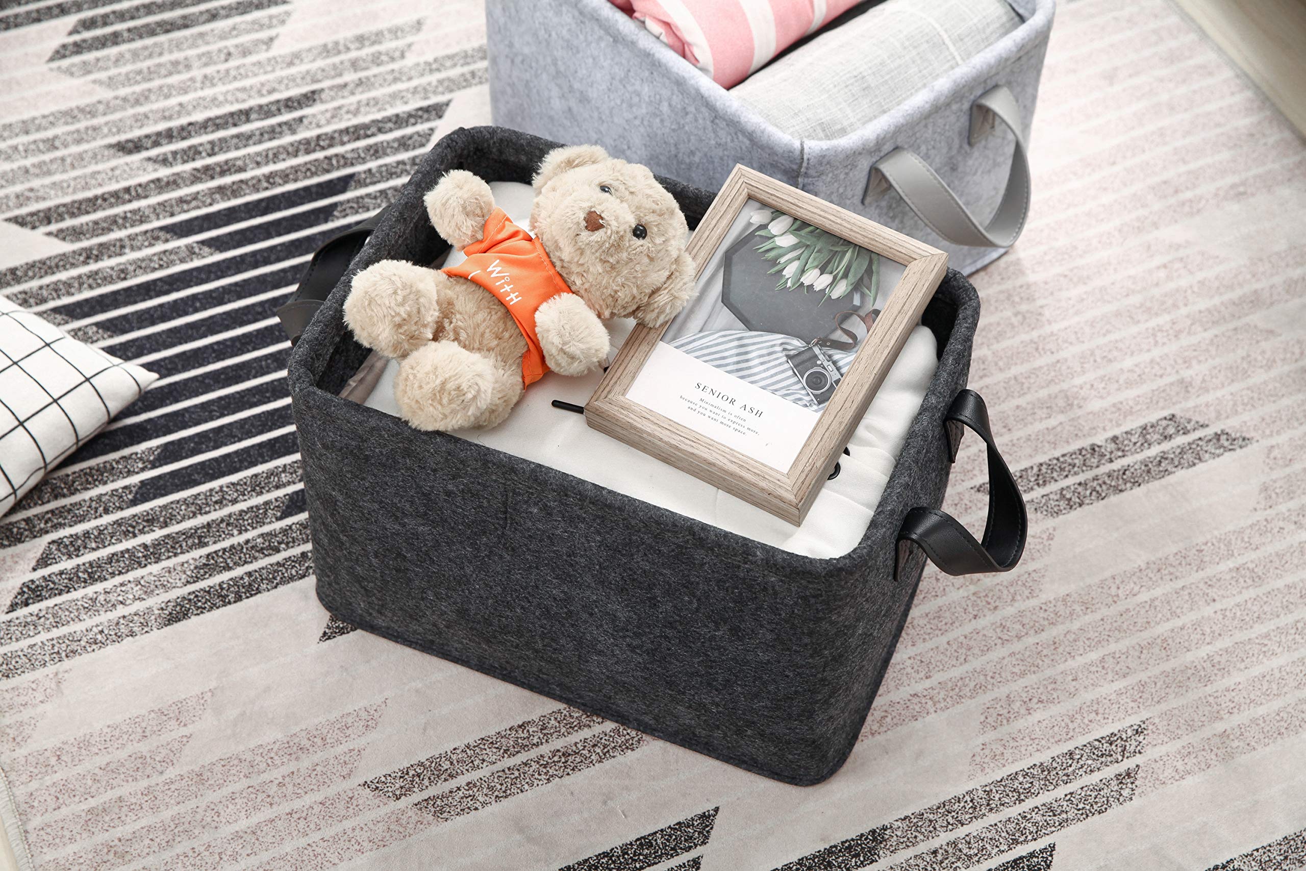 Collapsible Storage Bins Foldable Felt Fabric Storage Basket Organizer Boxes Containers With Handles Pu Handles For Nursery Toys