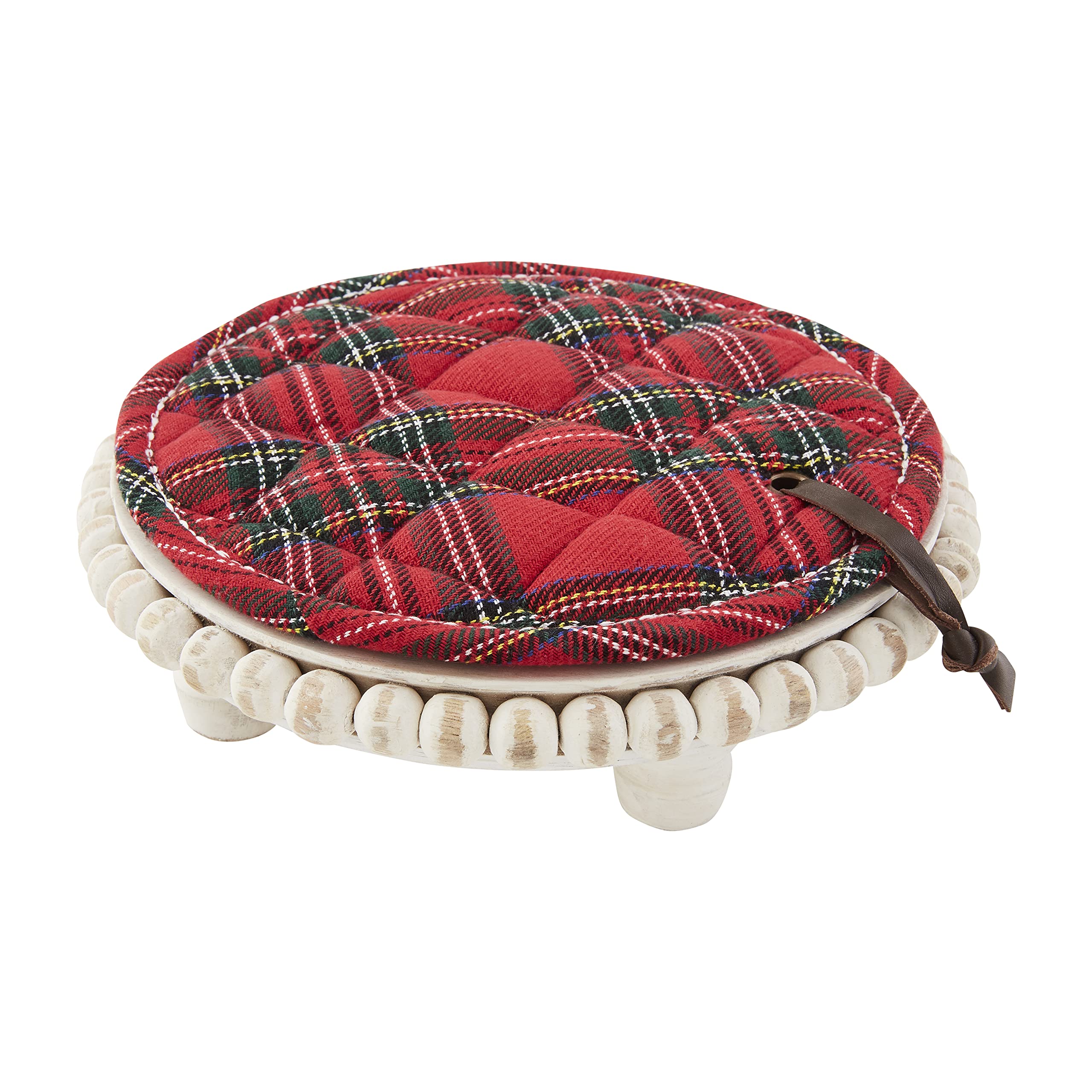 Mud Pie White Beaded Tartan Set, Trivet 2 1/2'' X 8'' Pot Holder 7 1/2'' Dia