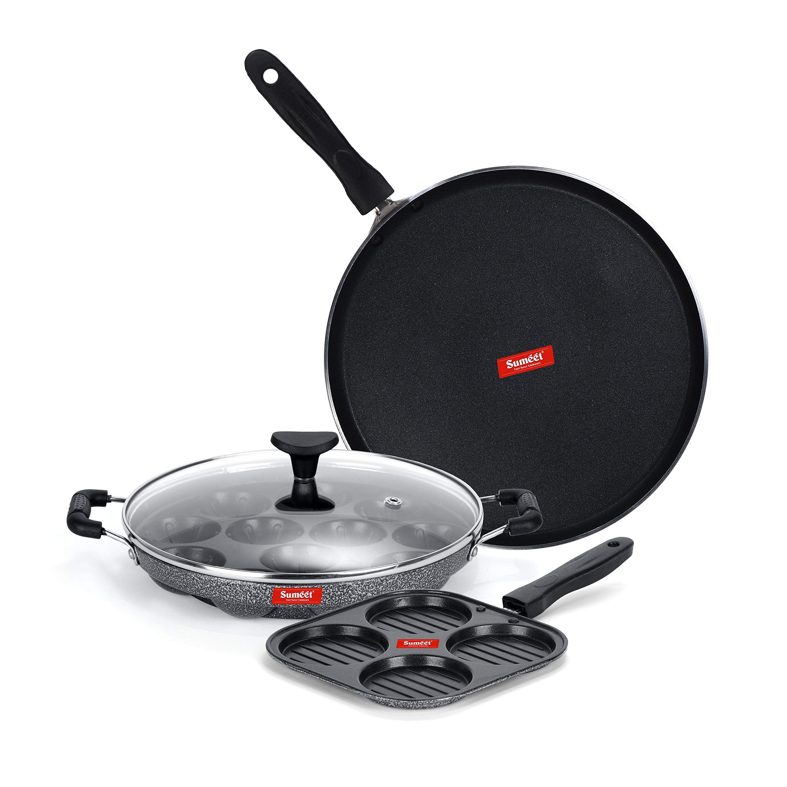 Sumeet Nonstick Kijivu Cookware Set (Dosa Tawa  26.5Cm Dia + Mini Multi Snack Maker  4 Cavity 19.5Cm + Grill Appam Patra With