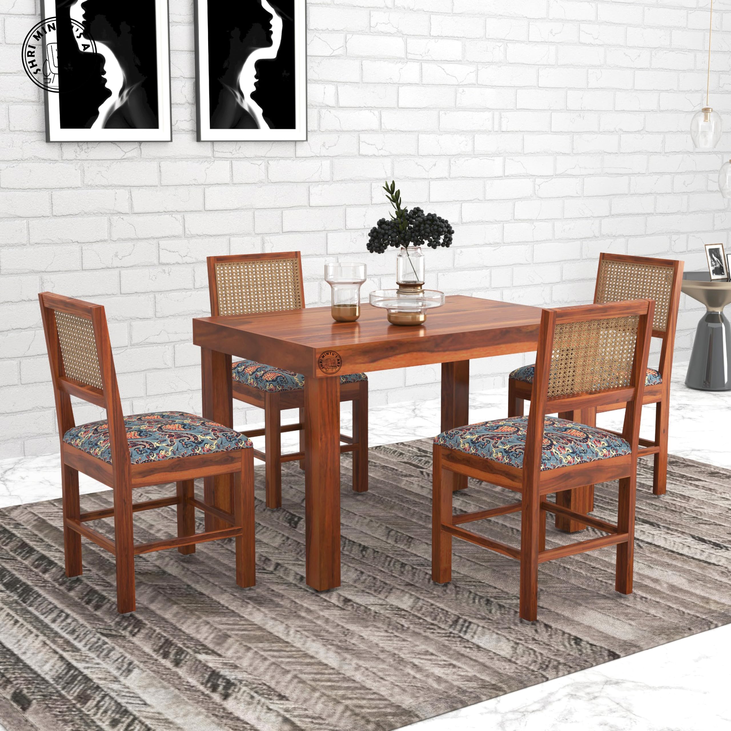 Shri MintuS Art Wooden 4 Seater Dining Table Set | Four Seater Dinning Table With Printed Cushion Chairs For Home | Dining Room