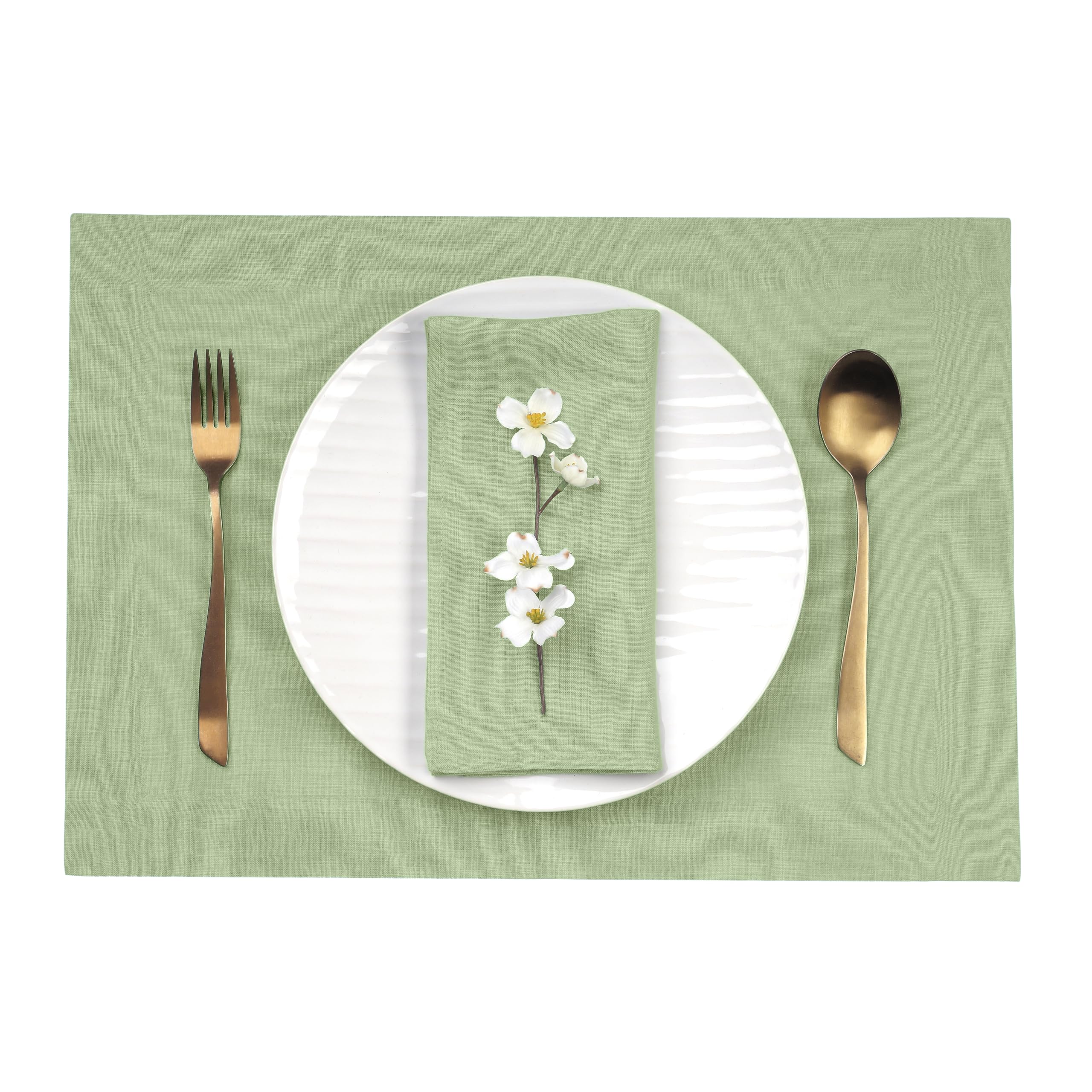 D'Moksha Homes Linen Placemats Set Of 4-100% Pure Linen Sage Green Placemats 14 X 19 Inch - Washable Sage Green Placemats For St