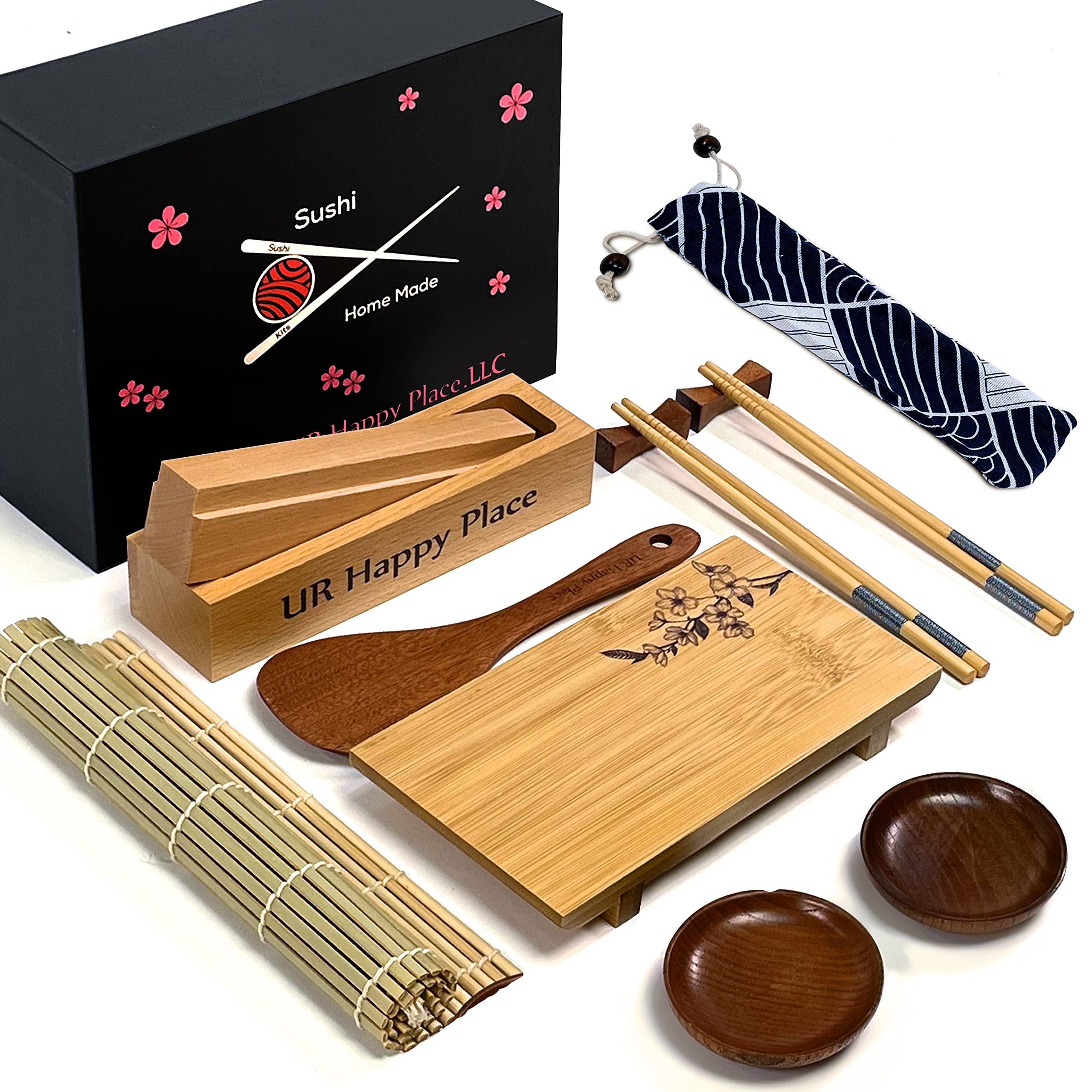 Ur Happy Place Sushi Making Kit For Beginners - 15 Piece Sushi Roller Kit With Solid Oak Maki Press, Bamboo Sushi Mat Engraved C