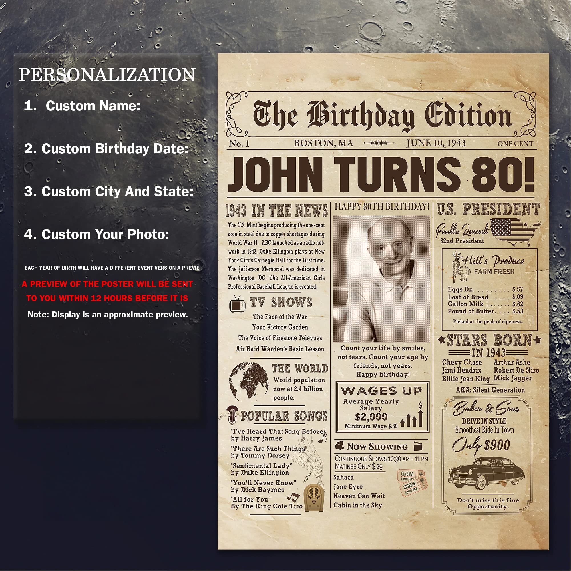 Personalized 80Th Birthday Newspaper Poster No Frame, Canvas Back In 1943 Gifts Idea Birthday, Anniversary, Custom Photo Birthda