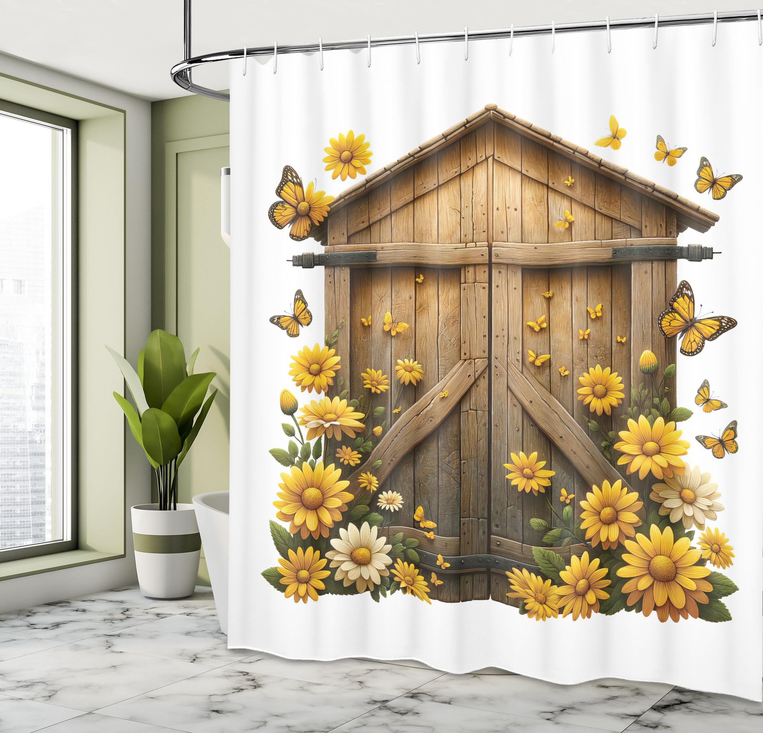 Ambesonne Rustic Shower Curtain, Farmhouse Lover Countryside Wooden Barn Cottage Summer Flowers Butterfly, Cloth Fabric Bathroom