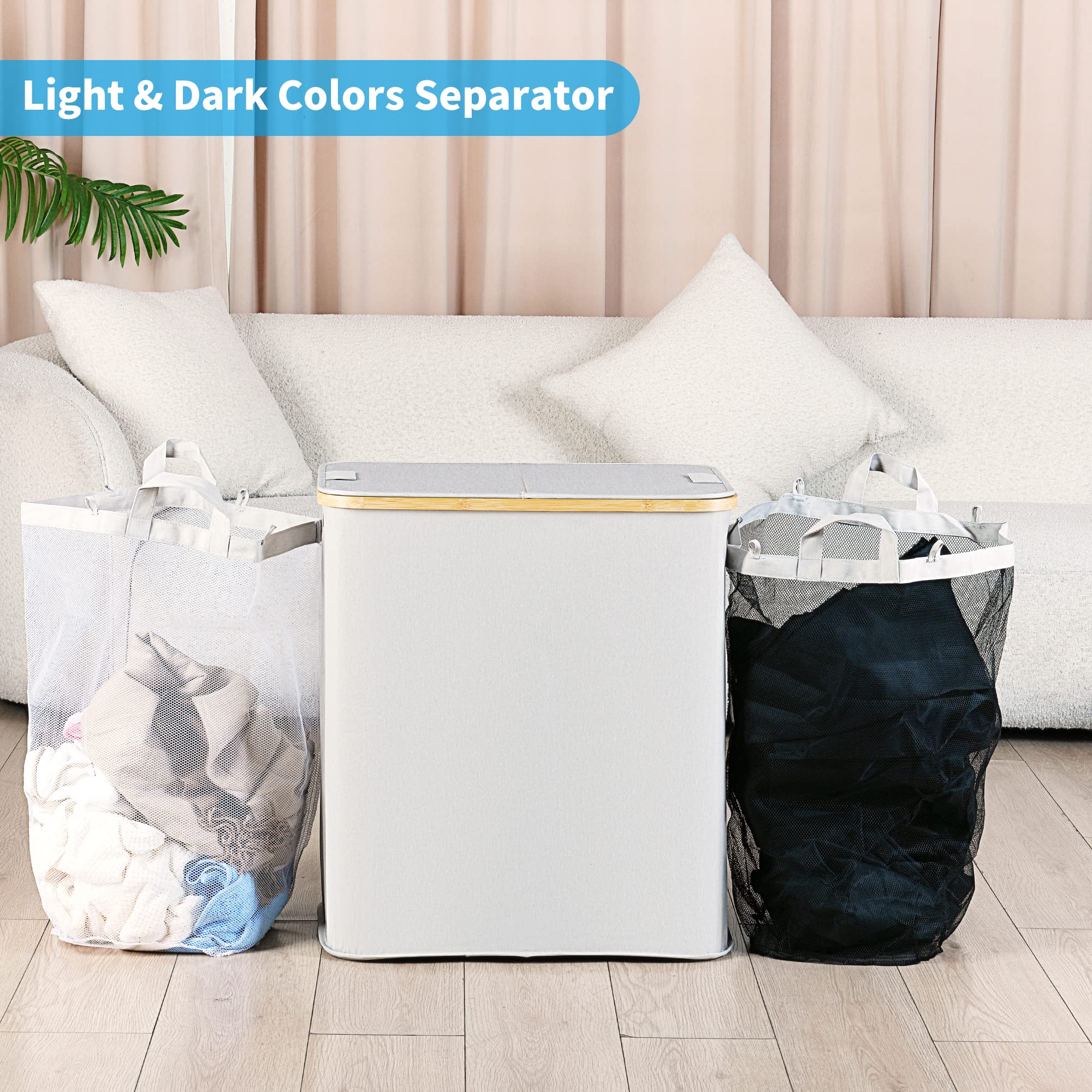 efluky Double Laundry Hamper with Lid  Divided Laundry Hamper with Removable Bags  2 Section Dirty Clothes Basket with Handles for Bathroom  Bedroom & Laundry Room  140L Light Grey
