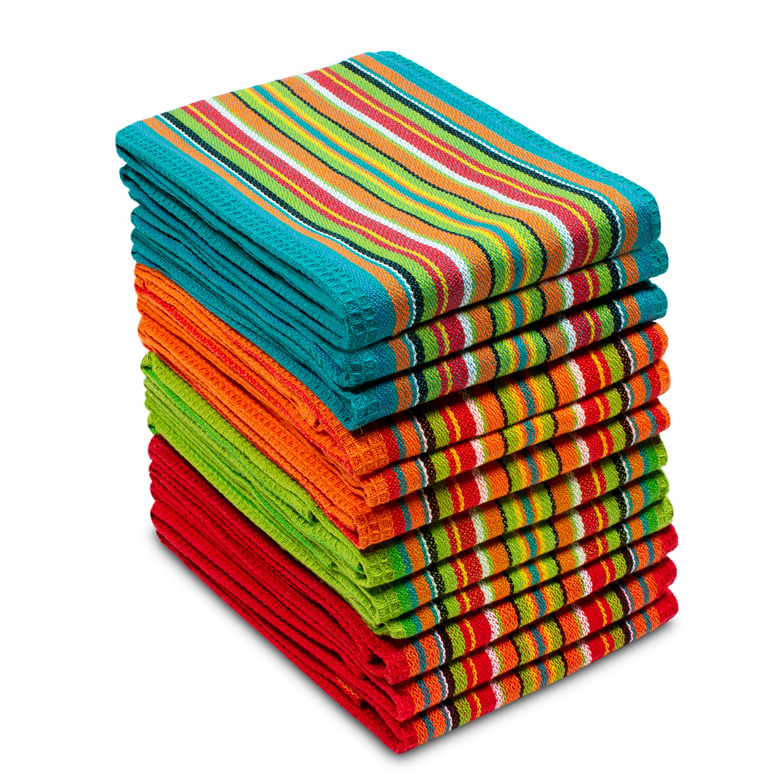 Cotton Craft Salsa Stripe Kitchen Towels - 12 Pack 100% Cotton Tea Dish Towels - Absorbent Reusable Low Lint Quick Dry - Multi P