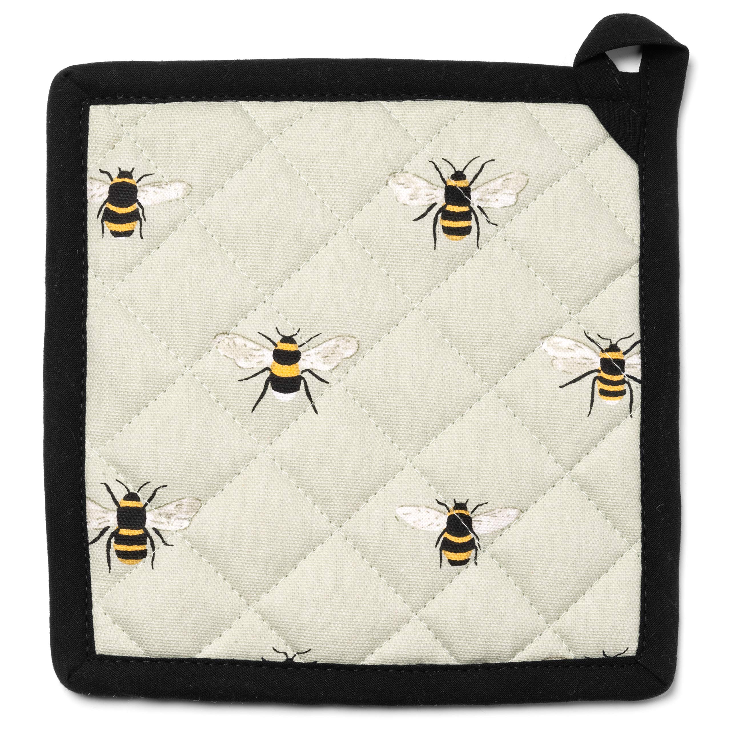 Globetrotting Merchant Oven Mitt And Pot Holder Set, 100% Quilted Cotton, Heat Resistant Hot Pads, Grey With Bumblebee Print, Ki