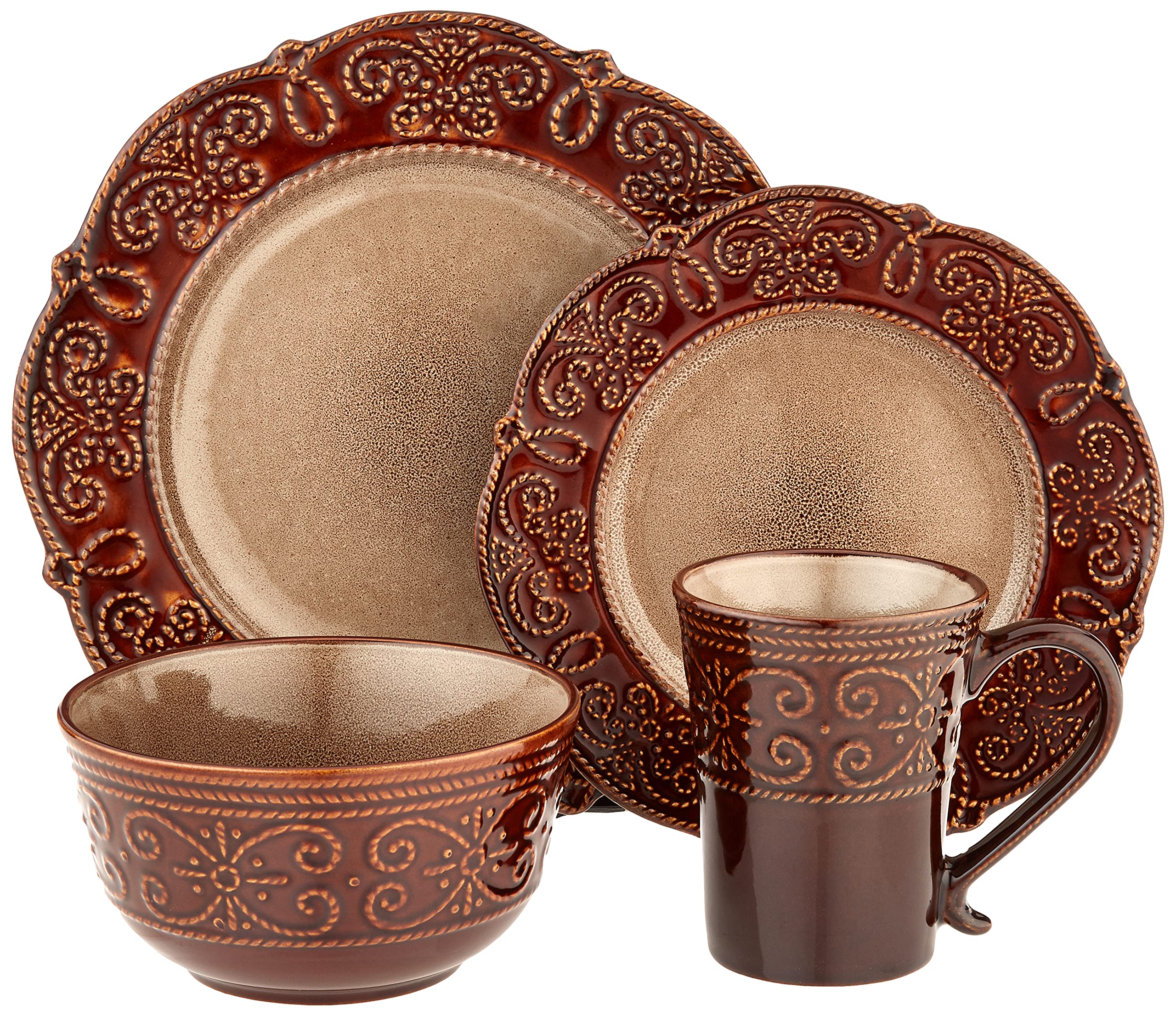 Elama Round Decorated Stoneware Scallop Embossed Dinnerware Dish Set, 16 Piece, Salia