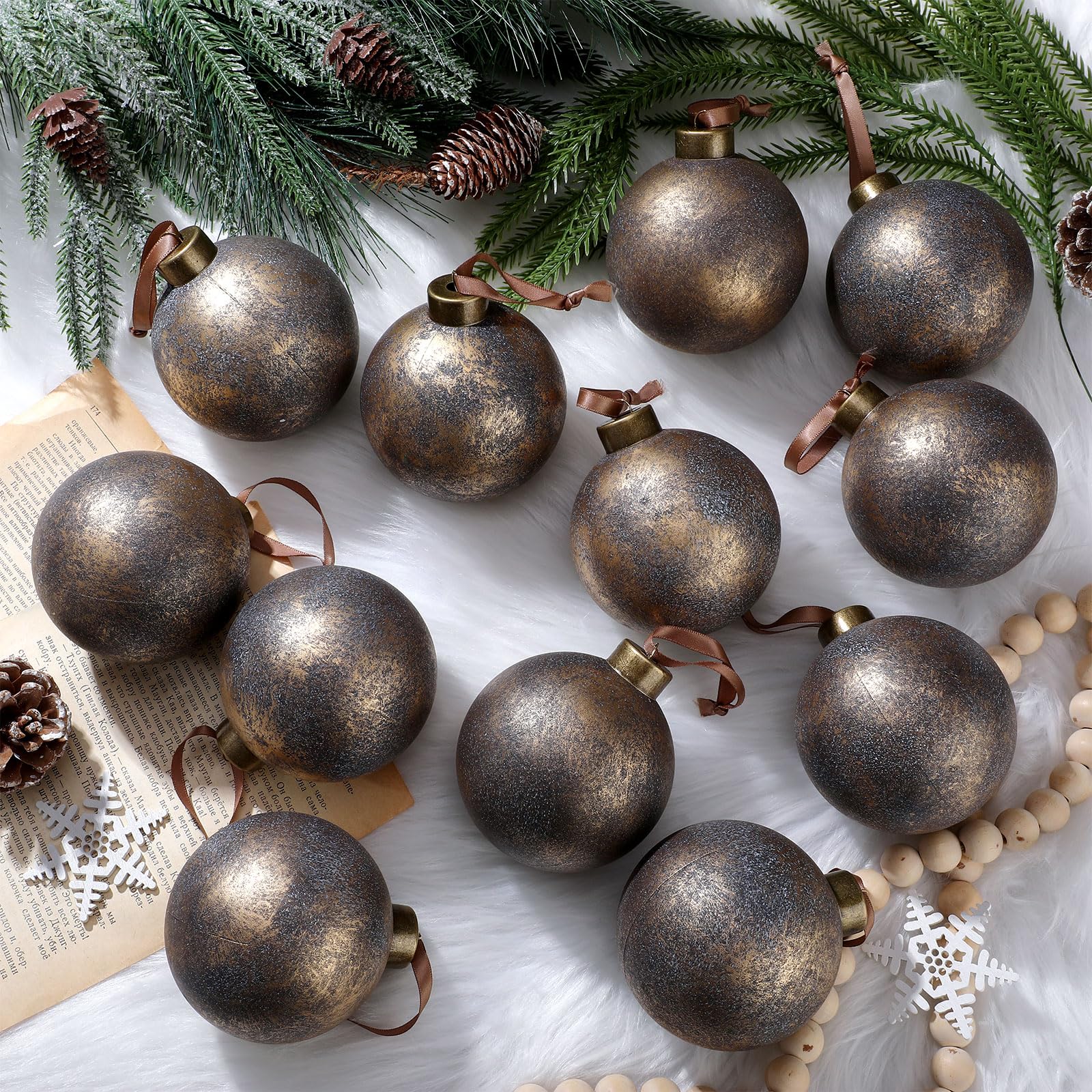 VioraWhite 12 Pcs 3.15 Inch Christmas Vintage Rusty Textured Balls Ornaments Neutral Earth Tone Copper Rustic Plastic Shatterpro
