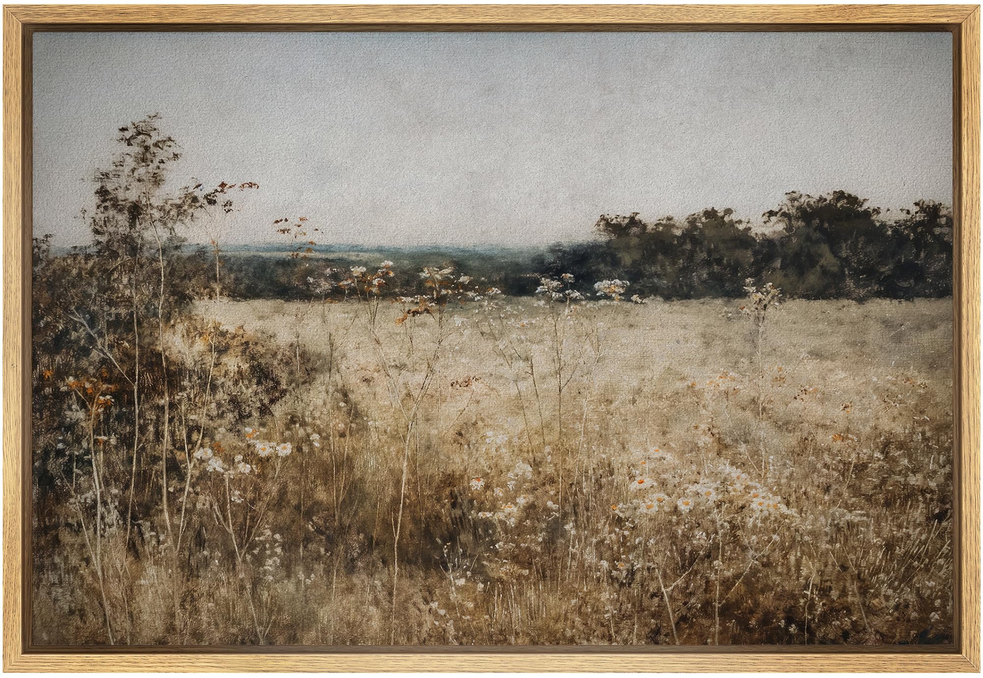 Signford Framed Canvas Print Wall Art Rustic Wildflower Meadow Landscape Nature Wilderness Illustrations Modern Art Decorative M