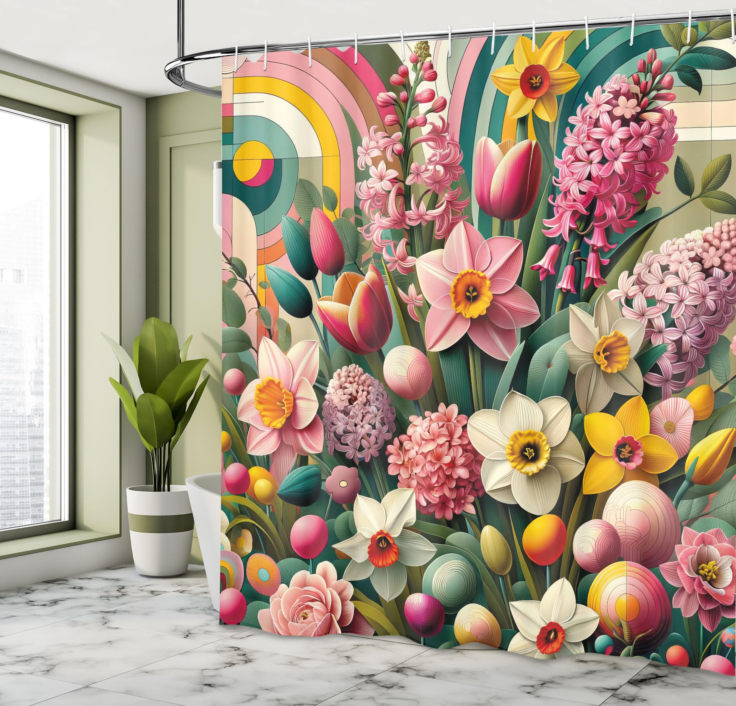 Ambesonne Spring Shower Curtain, Colorful Design Leafy Scenario Of Floral Garden With Funky Back Dreamy, Cloth Fabric Bathroom D