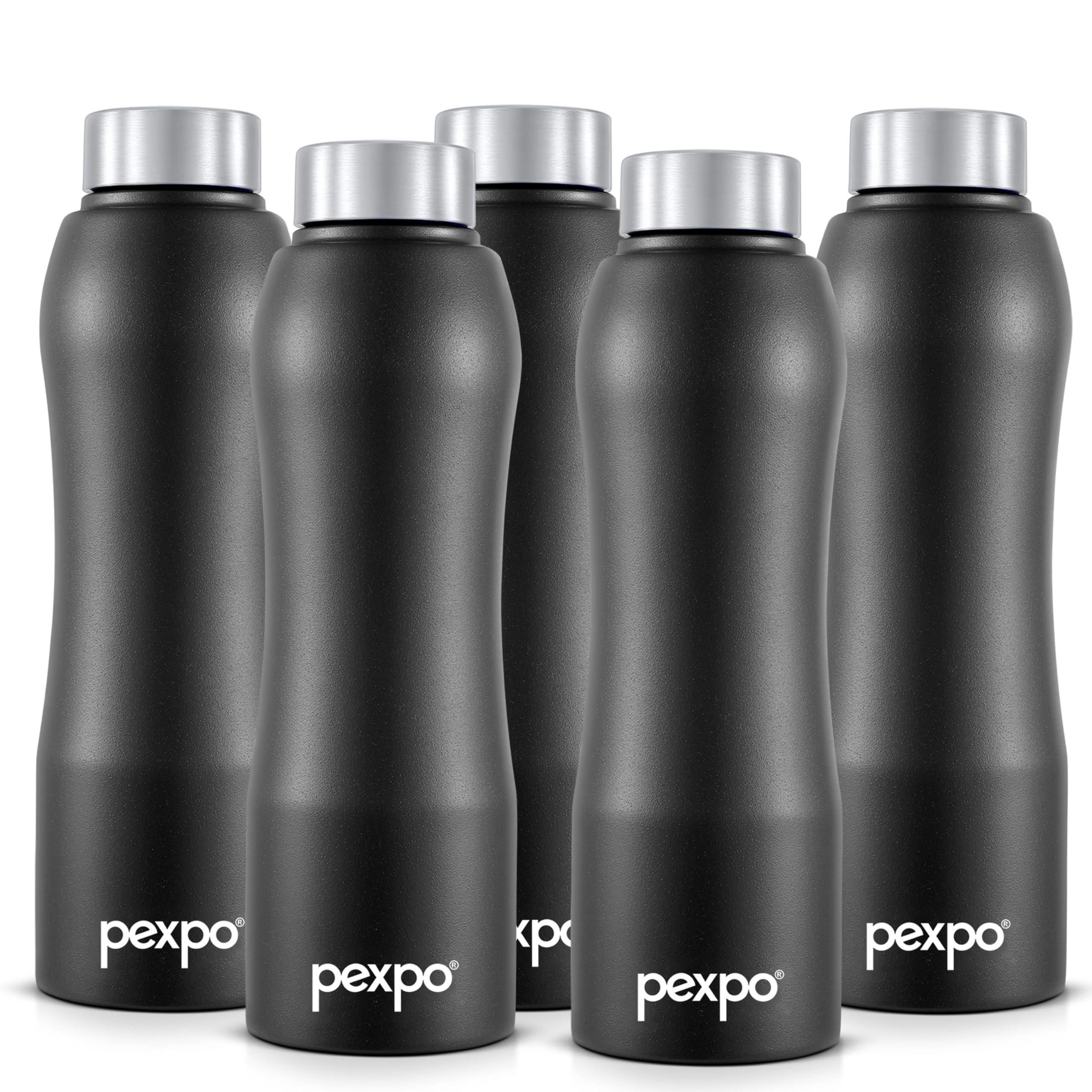 Pexpo Bistro Isi Certified Stainless Steel Fridge/Sports Water Bottle 1 Litre, Knight Black, Pack Of 5| Single Walled|Easy Grip|