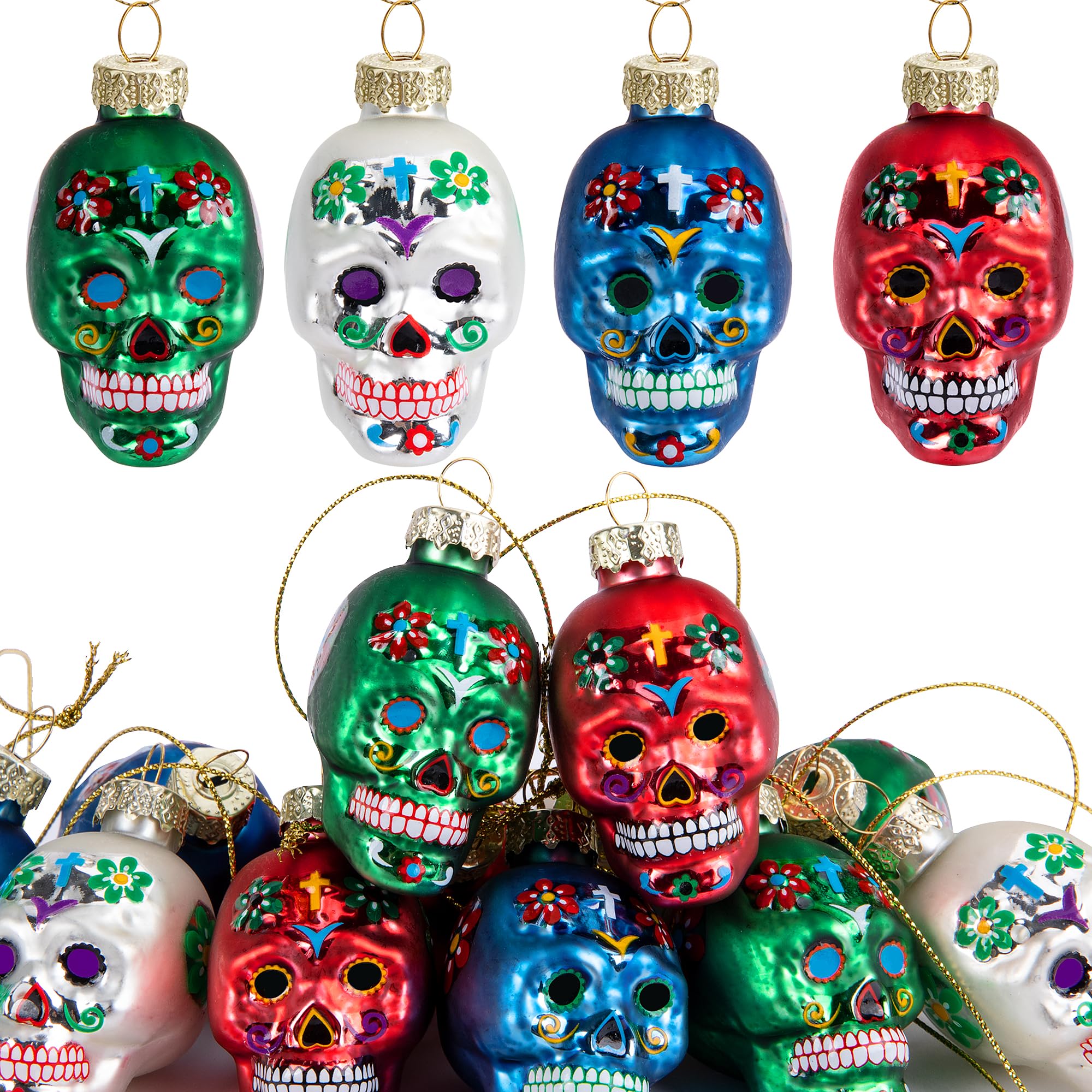 12pcs Day of The Dead Glass Ornaments - Dia De Los Muertos Sugar Skull Ornaments - Halloween Hanging Skeleton Head Ornament for 