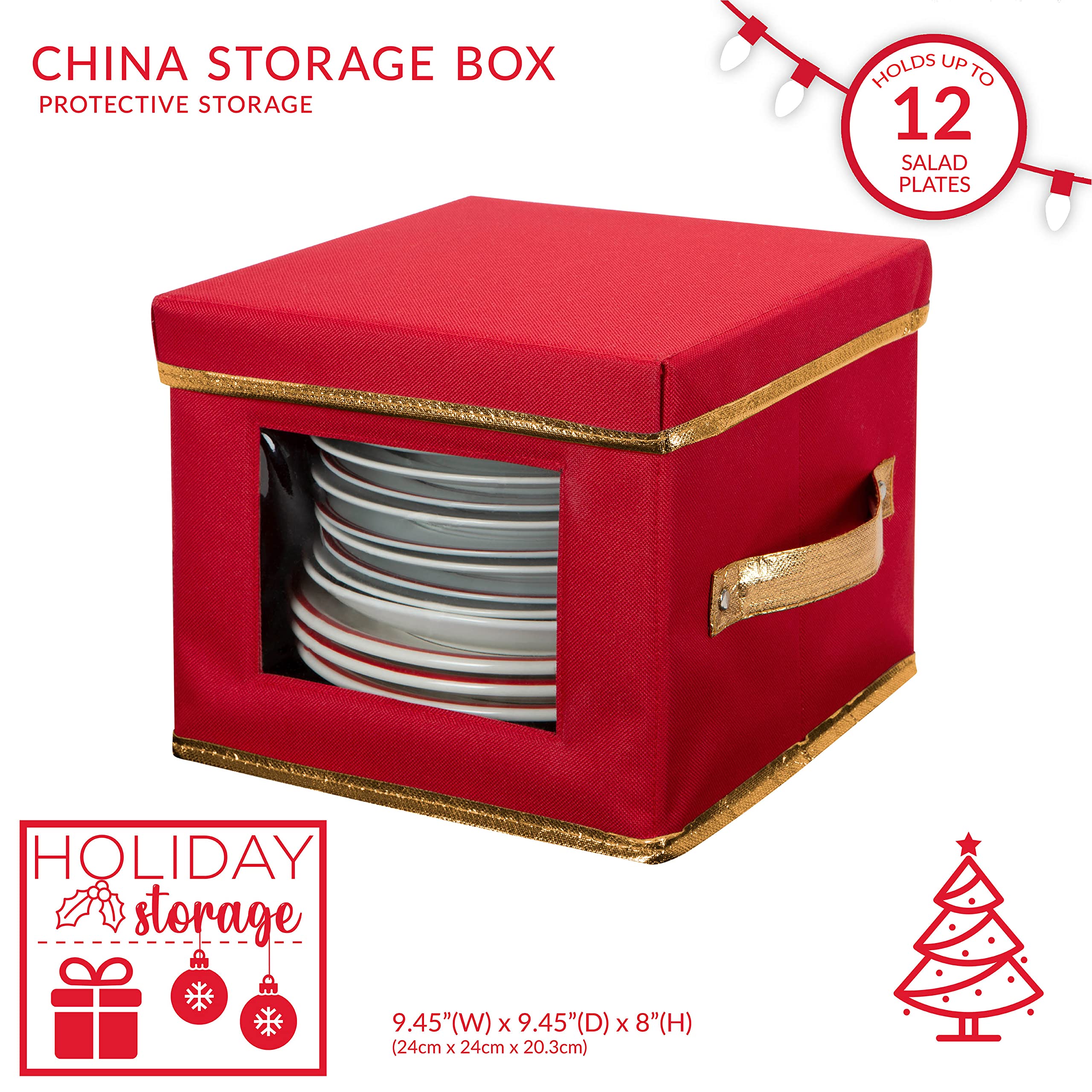 Simplify Holiday Salad Plate Dinnerware Storage Box | 9.45 Inch | Christmas China | 12 Felt Dividers | Tableware Setting | Red