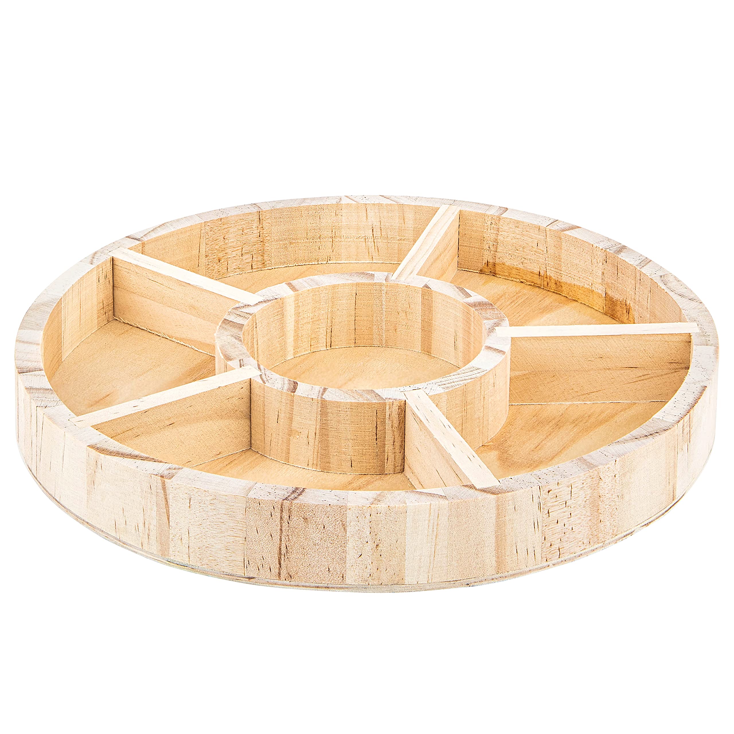 Wooden Tray With 6 Sections - 3 Pack Round Tray Chip And Dip Platter - Divided Serving Tray For Appetizers & Snacks - Veggie Pla