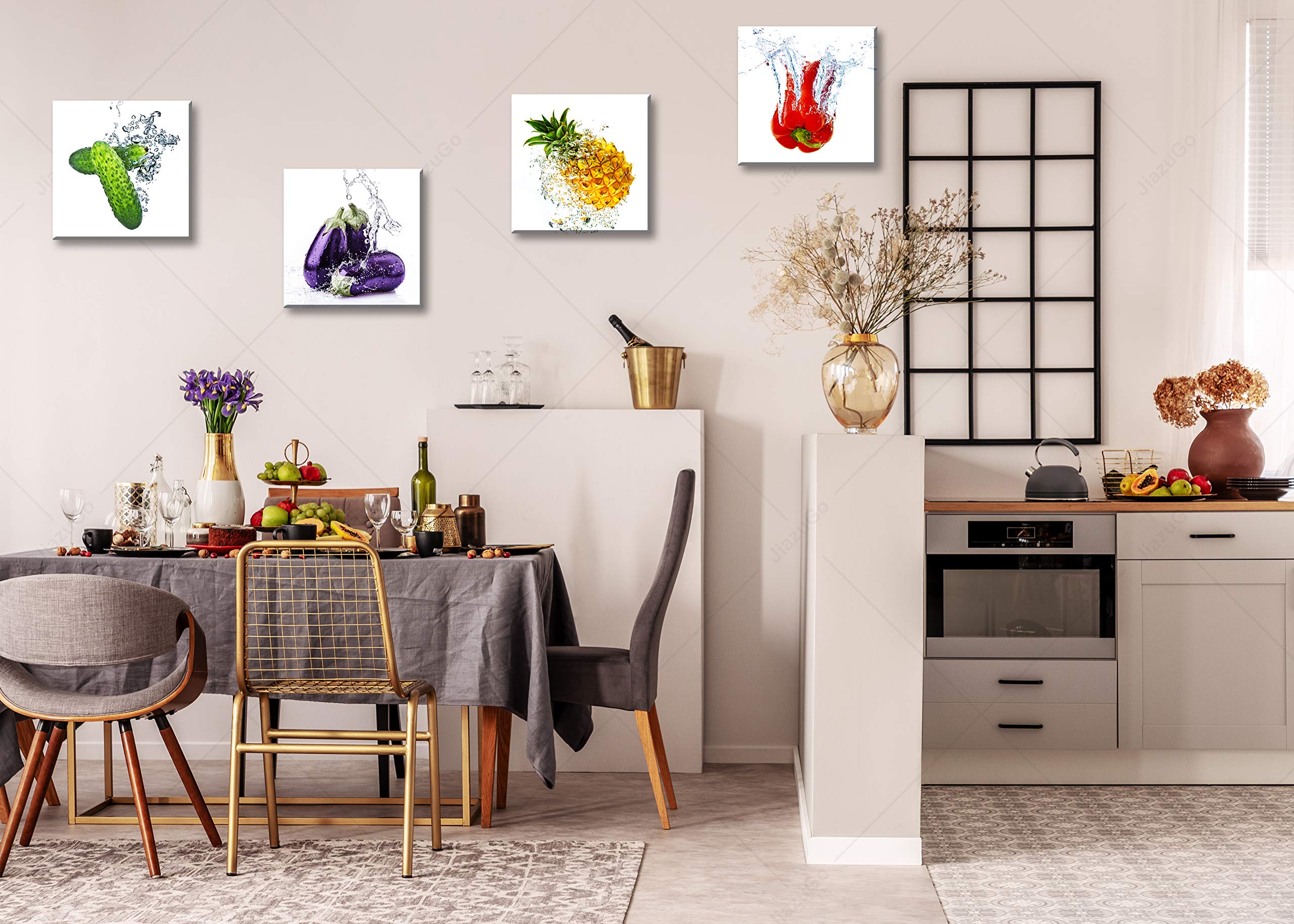 Jiazugo Colorful Fresh Vegetables Canvas Wall Art Prints - Modern Kitchen Decor With Cucumber, Eggplant, Pineapple & Pimento - 1