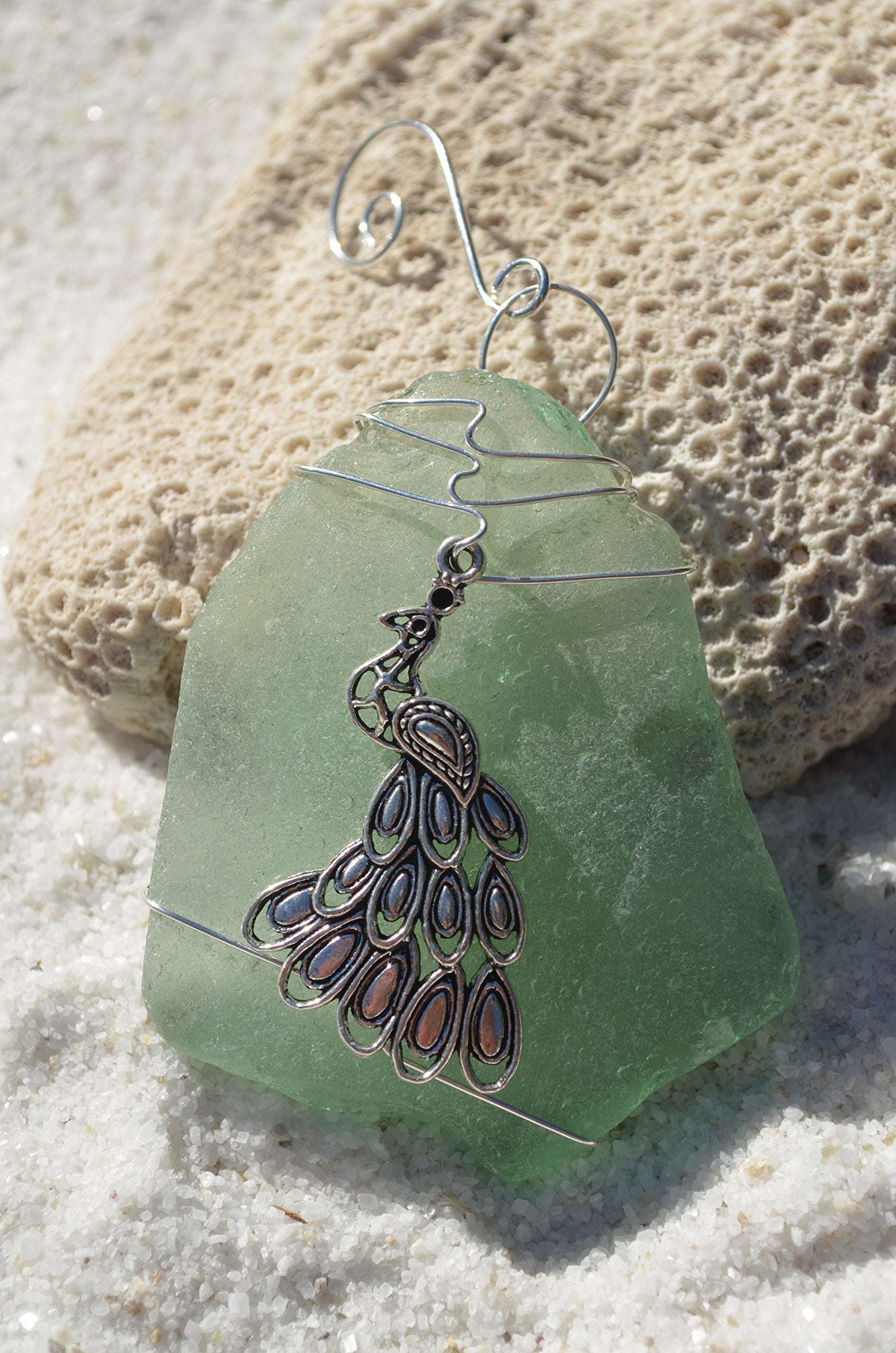 DejaVu Designs Silver Peacock Charm on a Genuine Sea Foam Sea Glass Ornament - Made to Order